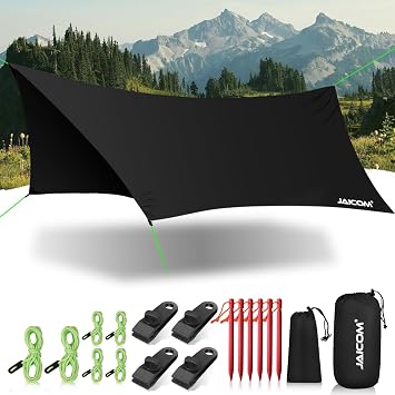 JAICOM Waterproof Hammock Rain Fly, 12ft x 9.5ft Portable Camping Tarp | Large Camp Tarp with Tent Stakes & Trap Clip & Guy Lines, Ultralight Shelter for Backpacking, Outdoor Shade, Picnic, PU3000mm