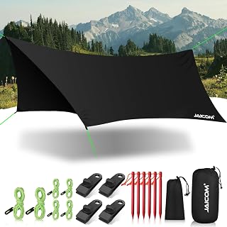 JAICOM Waterproof Hammock Rain Fly, Portable Camping Tarp - 12ft x 9.5ft Large Camp Tarp with Tent Stakes & Trap Clip & Guy Lines, Ultralight Shelter for Backpacking, Outdoor Shade