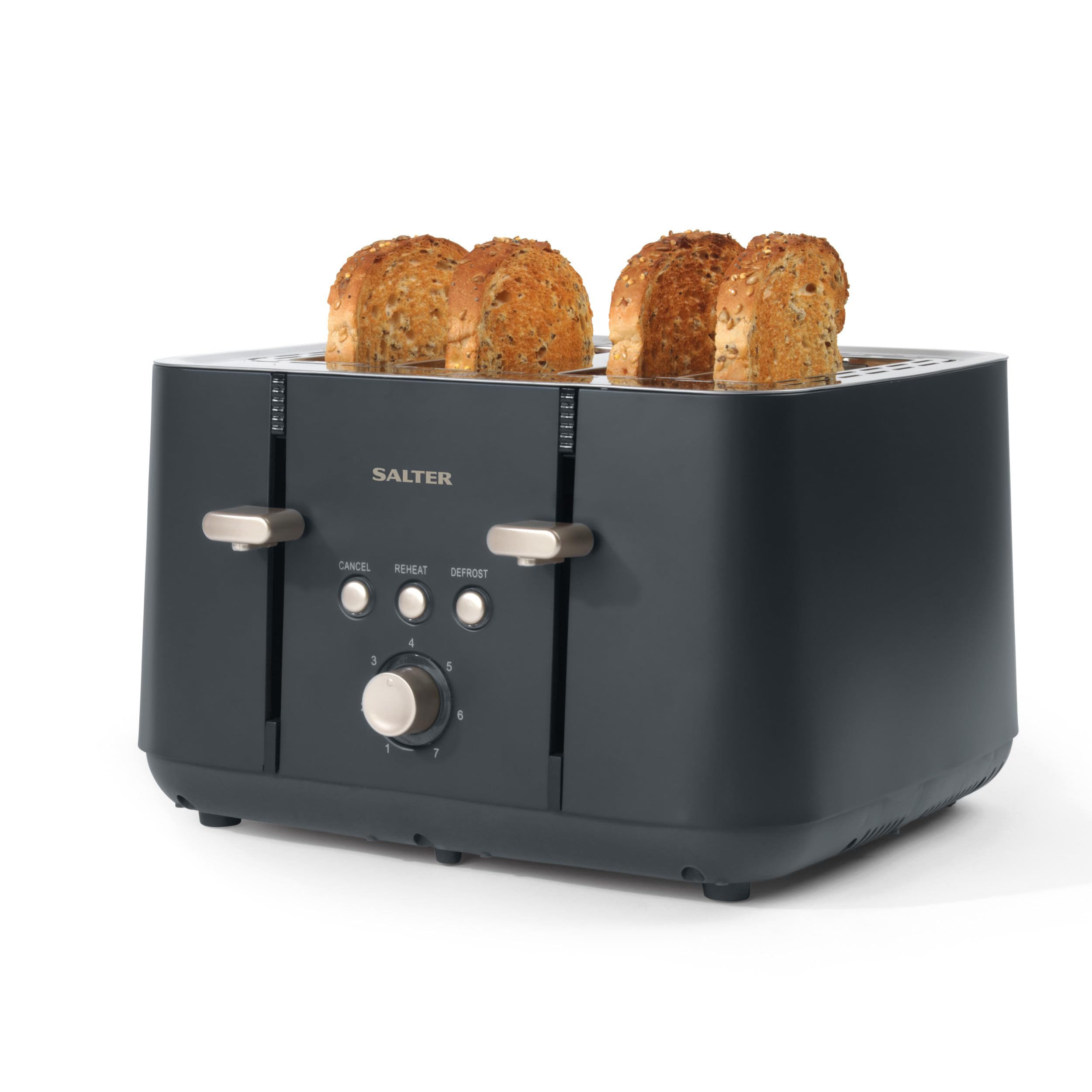 Salter Marino Tostadora de 4 ranuras anchas, 1850 W | 7 niveles tostado, descongelar/recalentar/cancelar, guías autocentrantes, antiatasco, bandeja recogemigas extraíble