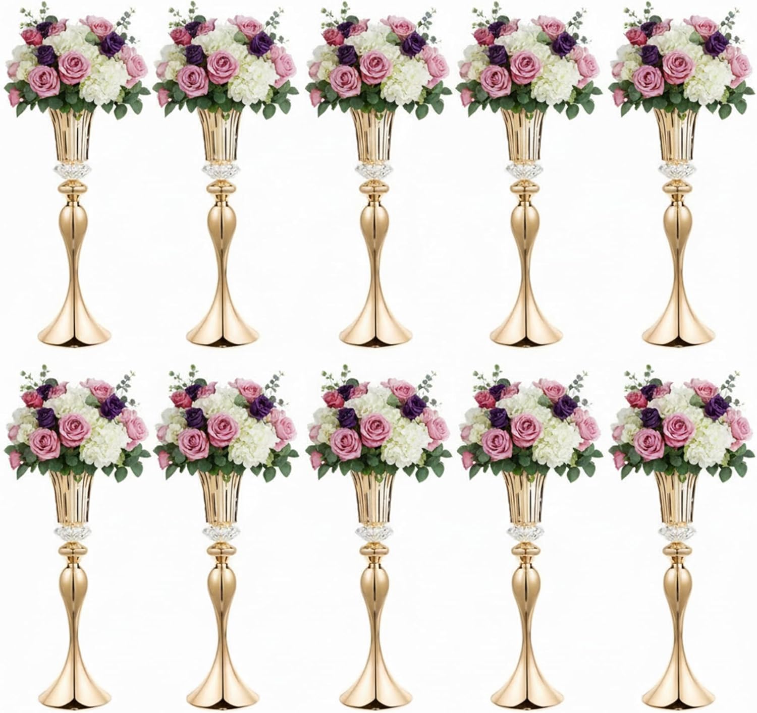 Metal Wedding Flower Vases for Tables: Elegant Vases for Centerpieces, Gold Trumpet Flower Arrangement Stands for Anniversary Christmas Birthday Party Event Wedding Home Decoration (10, Gold)