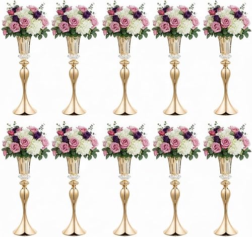 10pcs of Flower Vases for Wedding: 22" Tall Gold Table Centerpiece Vases | Metal Trumpet Vases for Tables, Gold Flower Stands for Anniversary Birthday Party Event Holiday Wedding Home Decorations