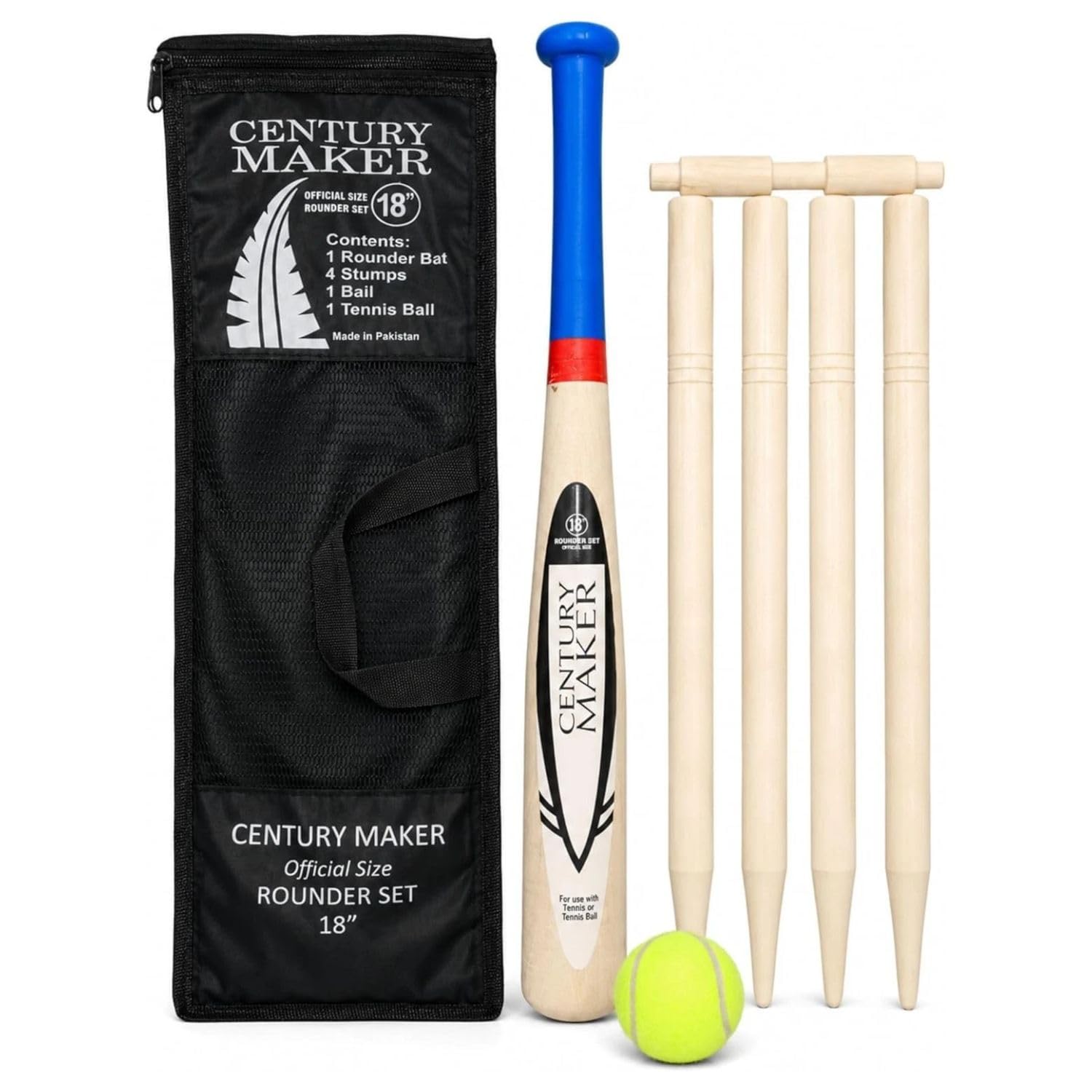 Wooden Rounders Set with Carry Bag – 18" Inch | Rounders Bat – Stumps – Bail & Tennis Ball Included | Outdoor Garden Sports Game Baseball Set for Family Fun – Beach – Camping & Park Activities