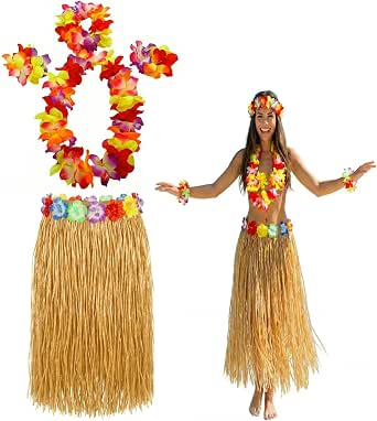 Adult Grass Skirt for Luau Party with Flower Leis