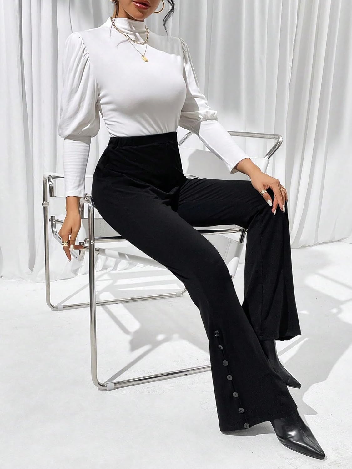 CRYBA Womens Pants High Waist Button Detail Flare Leg Pants Pant for Women