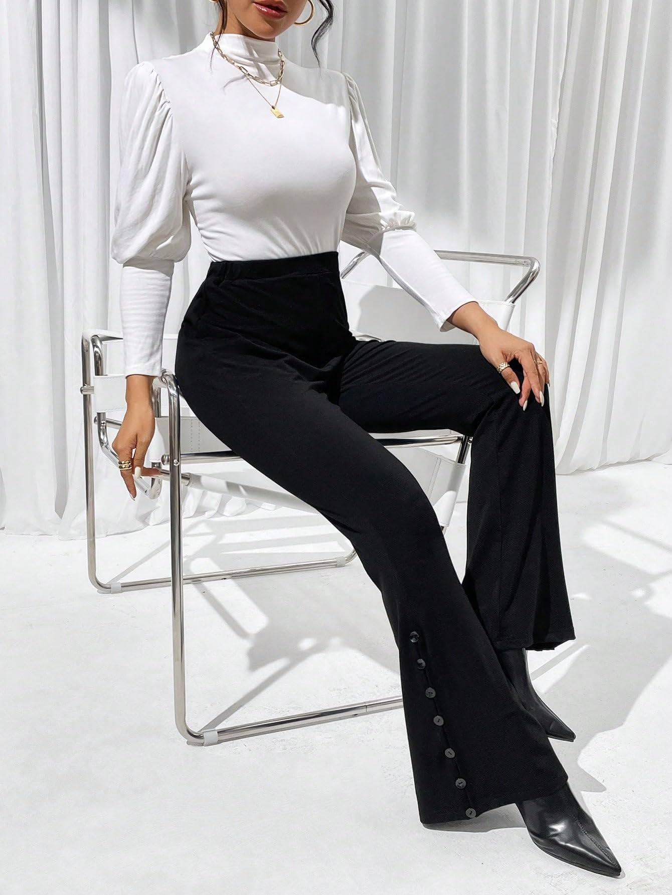 CRYBA Womens Pants High Waist Button Detail Flare Leg Pants Pant for Women
