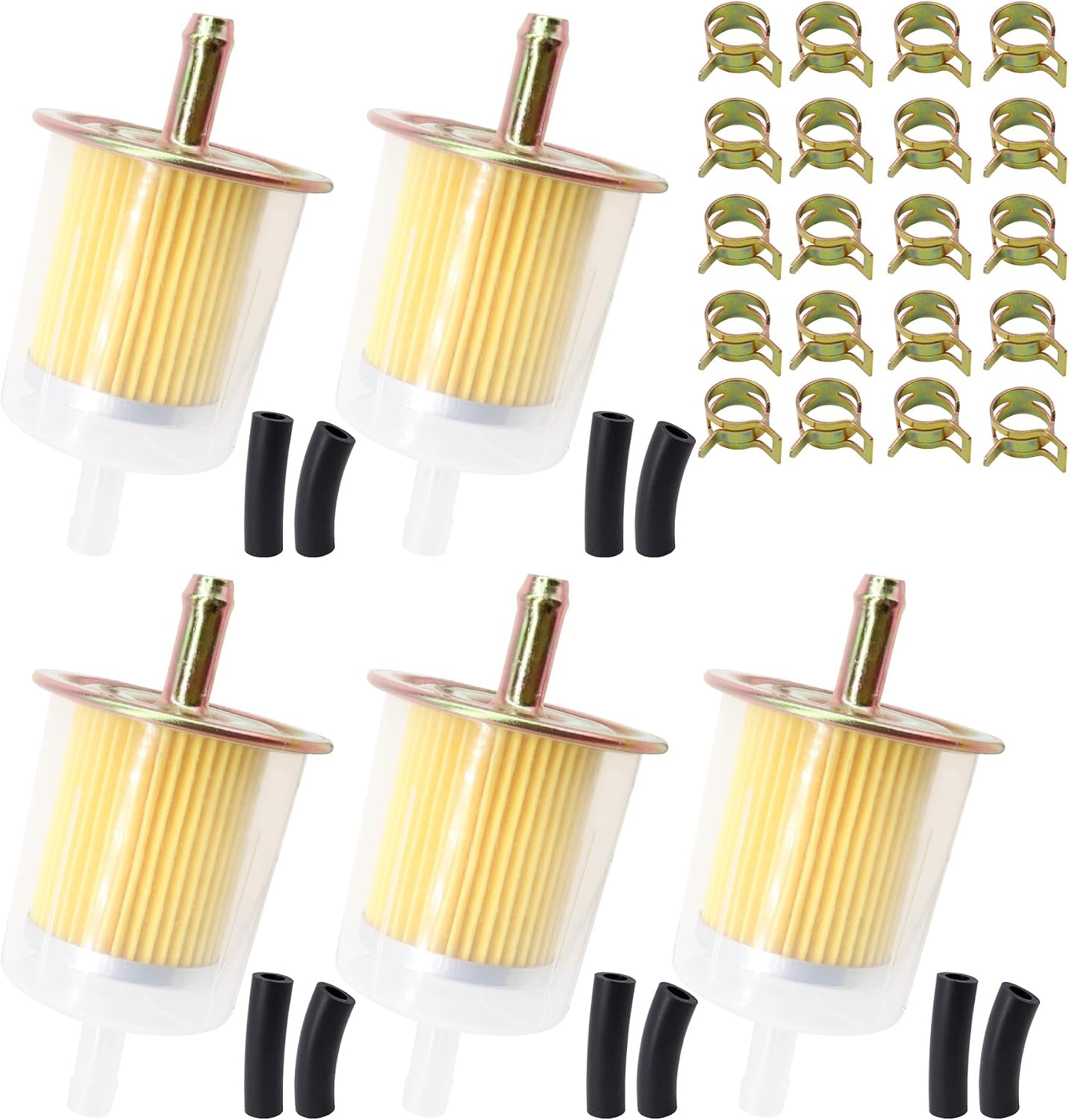5PCS 3/8" inline fuel filter with 20PCS hose clamp with 10PCS Small hose Compatible with 5/16"，3/8" fuel pipe used Compatible with motorcycles, car, trucks Universal Fuel Filters