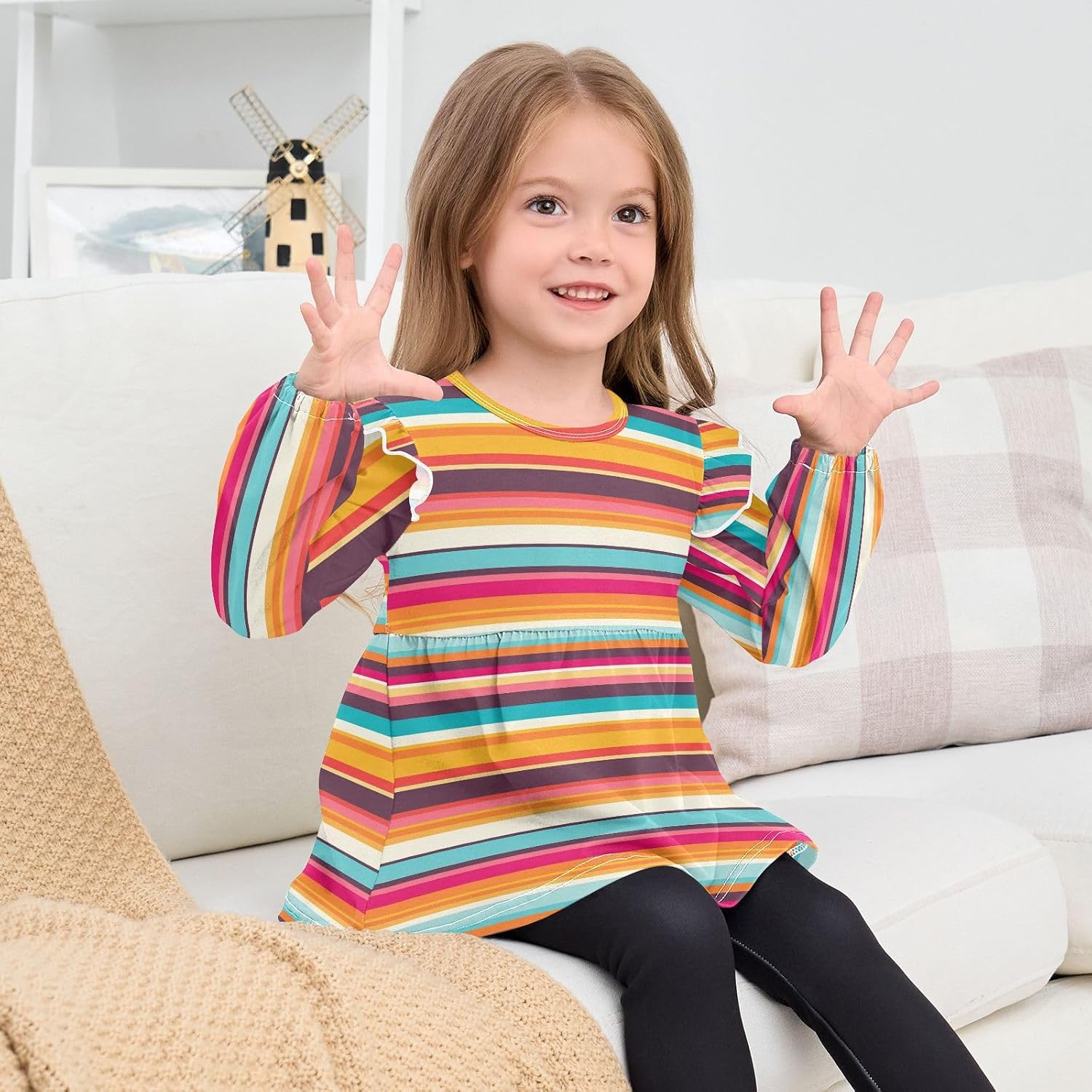 visesunny Toddler Clothes for Girls Regular Colored Line Long Sleeve Fall Shirts Cotton Top with Ruffle Collar