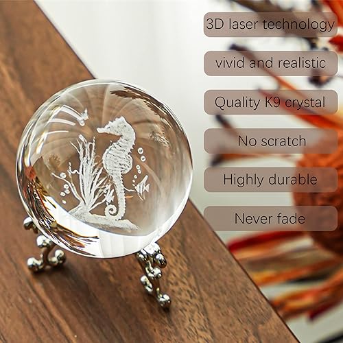 Miniatura 7 de HDCRYSTALGIFTS Bolas decorativas de cristal 3D de 2.362in (2.4 pulgadas) grabadas con láser 3D, caballito de mar, pisapapeles de cristal de esfera