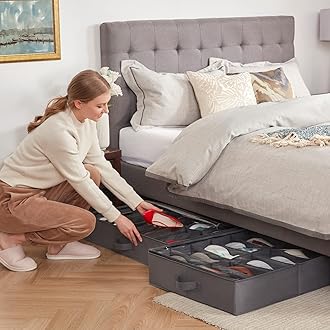 Lifewit Shoe Storage Bags with Transparent Window, Foldable Under Bed Storage Box with Handles for Shoes, Shoe Organizer, Grey, 12 Compartments, 2 x 12 Pairs, Pack of 2