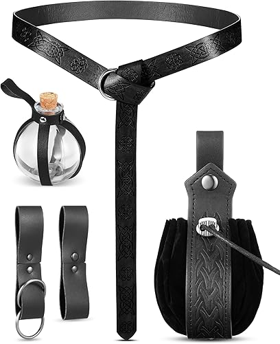 Vista 7 de Sweetude Cinturón renacentista medieval vikingo poción botellas de cuero cinturón bolsa falda senderismo 6 piezas