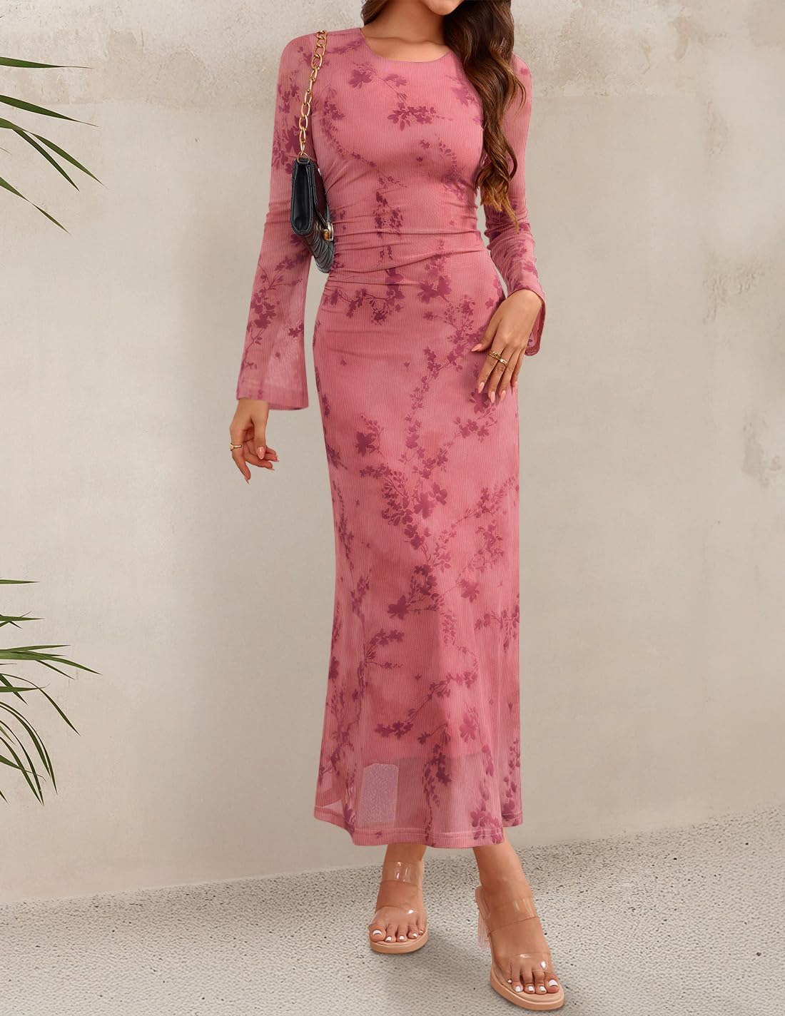 ZESICA Women's Long Sleeve Floral Bodycon Dress 2026 Spring Fall Ruched Mesh Wedding Guest Cocktail Party Maxi Dresses - Image 3