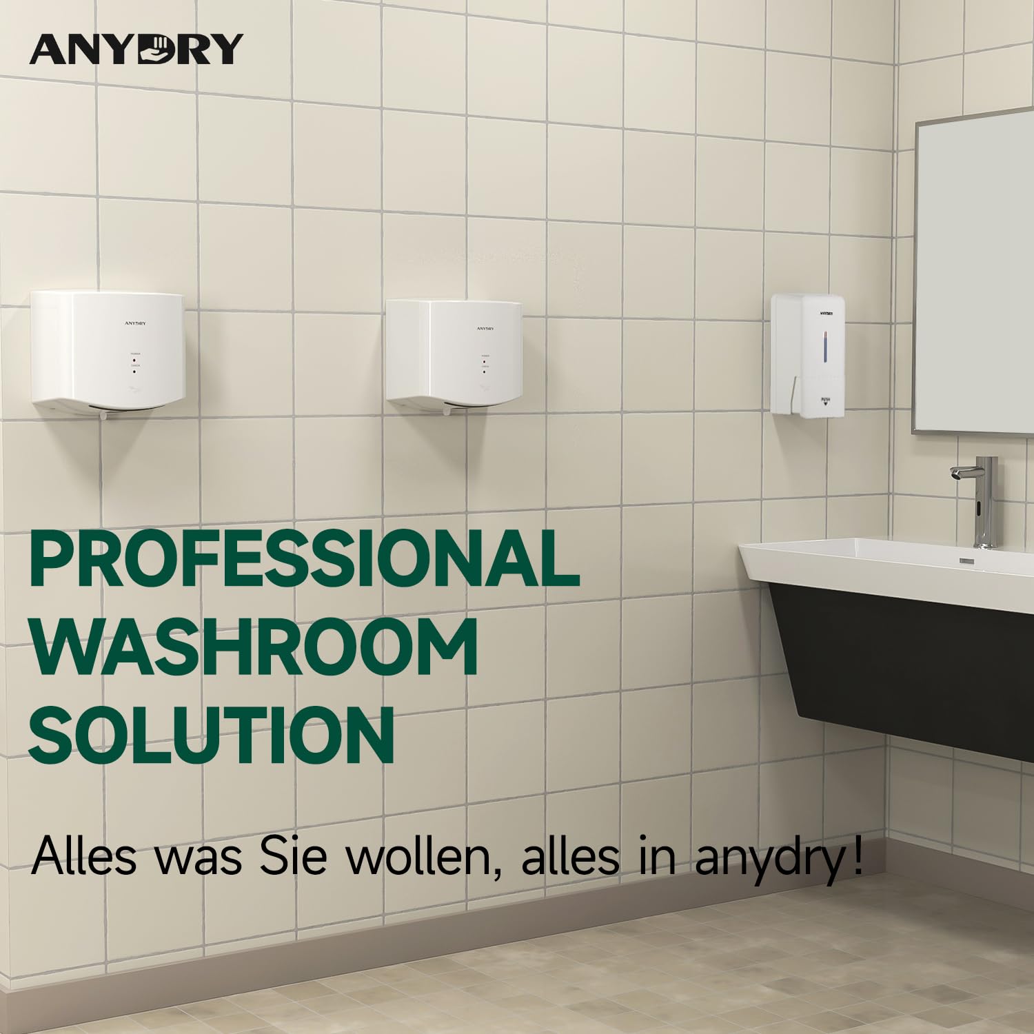 anydry 2630S Kompakter Händetrockner,Automatischer Elektrischer Händetrockner für Wandmontage,Für Gewerbliche oder Private Zwecke,Händetrockner für Toiletten.1400-1650W.(Weiß)