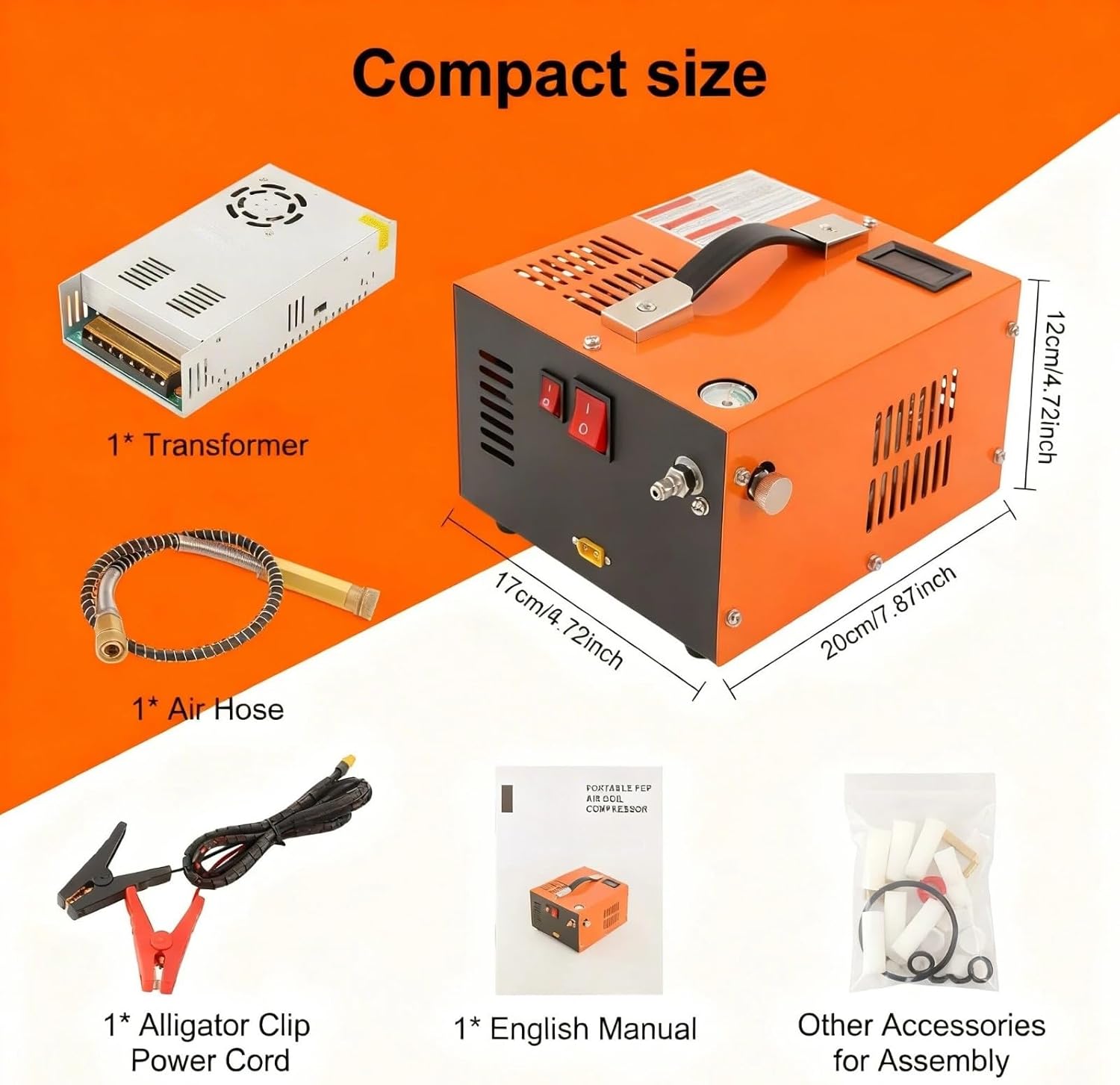 110V PCP Air Compressor, Portable 4500Psi/30Mpa, with Built-in Fan& Water/Oil-Free& One Button Start, with Adapter HPA Compressor for Paintball/PCP Rifle/Mini Scuba Tank