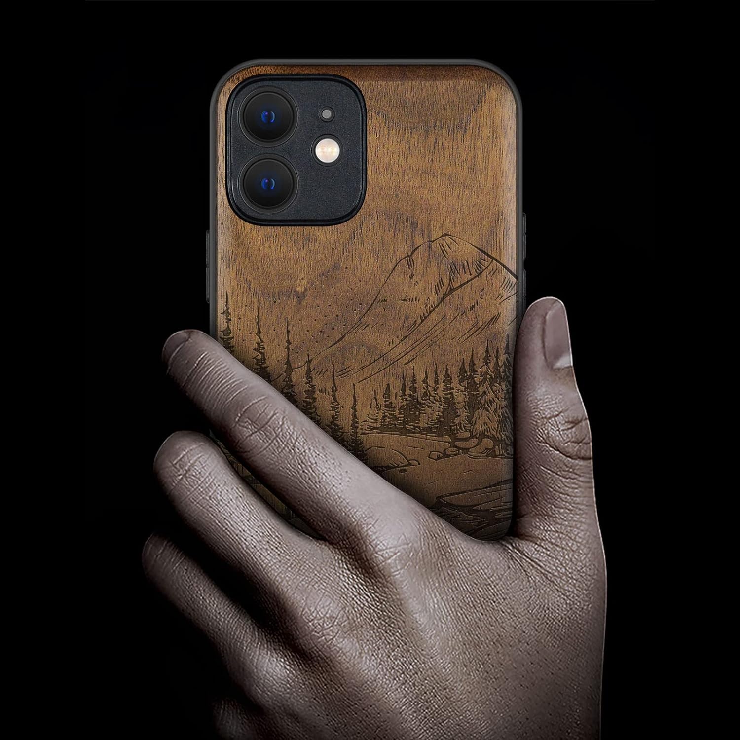 Carveit Magnetic Wood Case for iPhone 12 Mini Case [Natural Wood & Black Soft TPU] Shockproof Protective Unique Wooden Cover Compatible with MagSafe (Natural Landscape-Walnut)