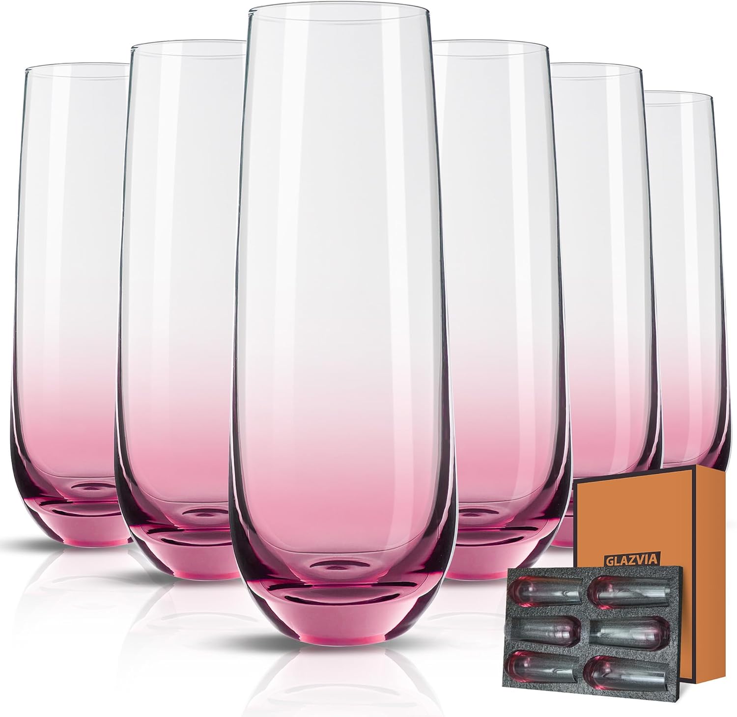 Stemless Champagne Flutes Glasses Set of 6-10oz Elegant Pink Champagne Glass, Unique Pink Flute Gift for Wedding, Anniversaries, Parties, Birthday, Restaurant, Home Bar