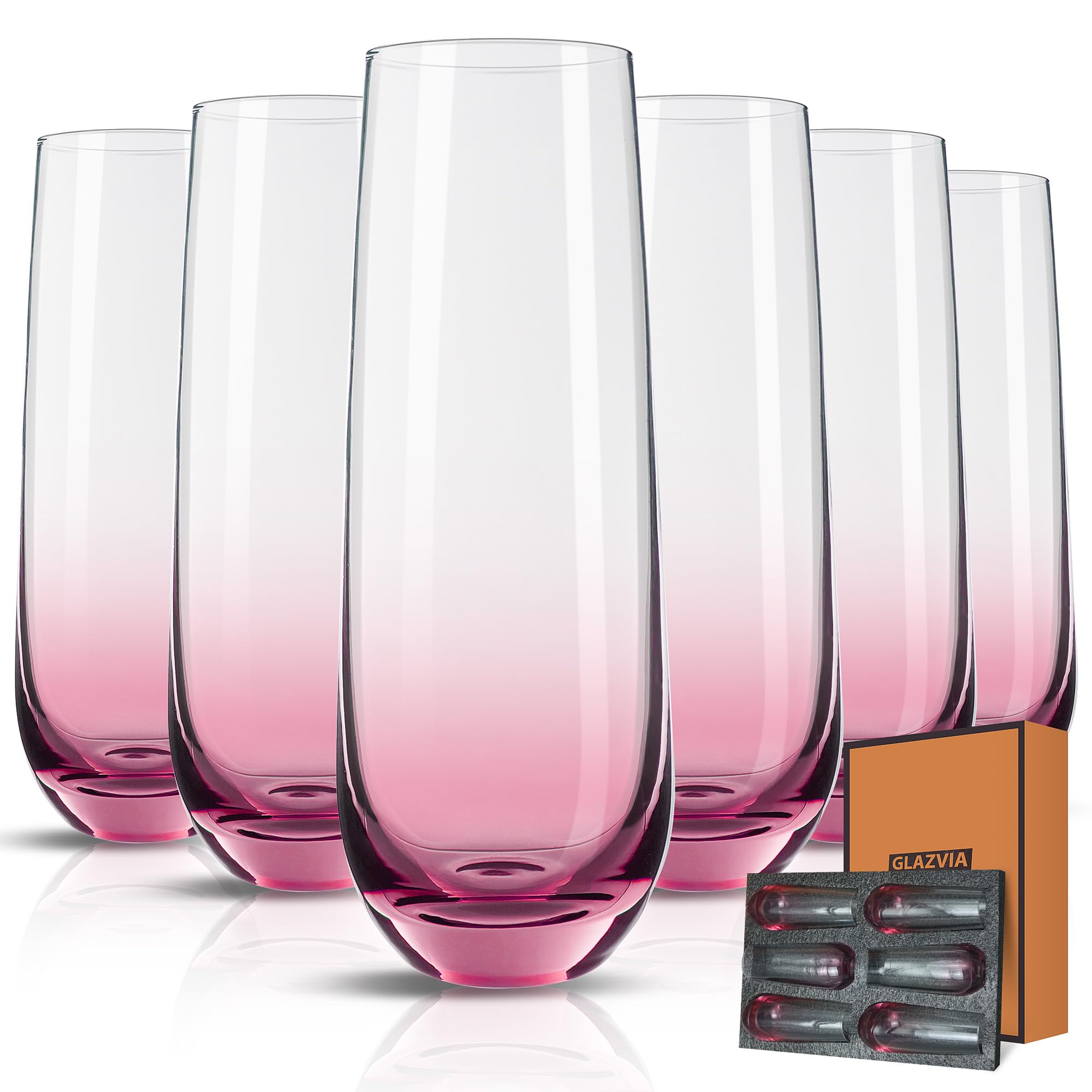 GLAZVIA Stemless Champagne Flutes Glasses Set of 6,285ml Elegant Pink Champagne Glass, Unique Pink Flute Gift for Wedding, Anniversaries, Parties, Birthday, Restaurant, Home Bar