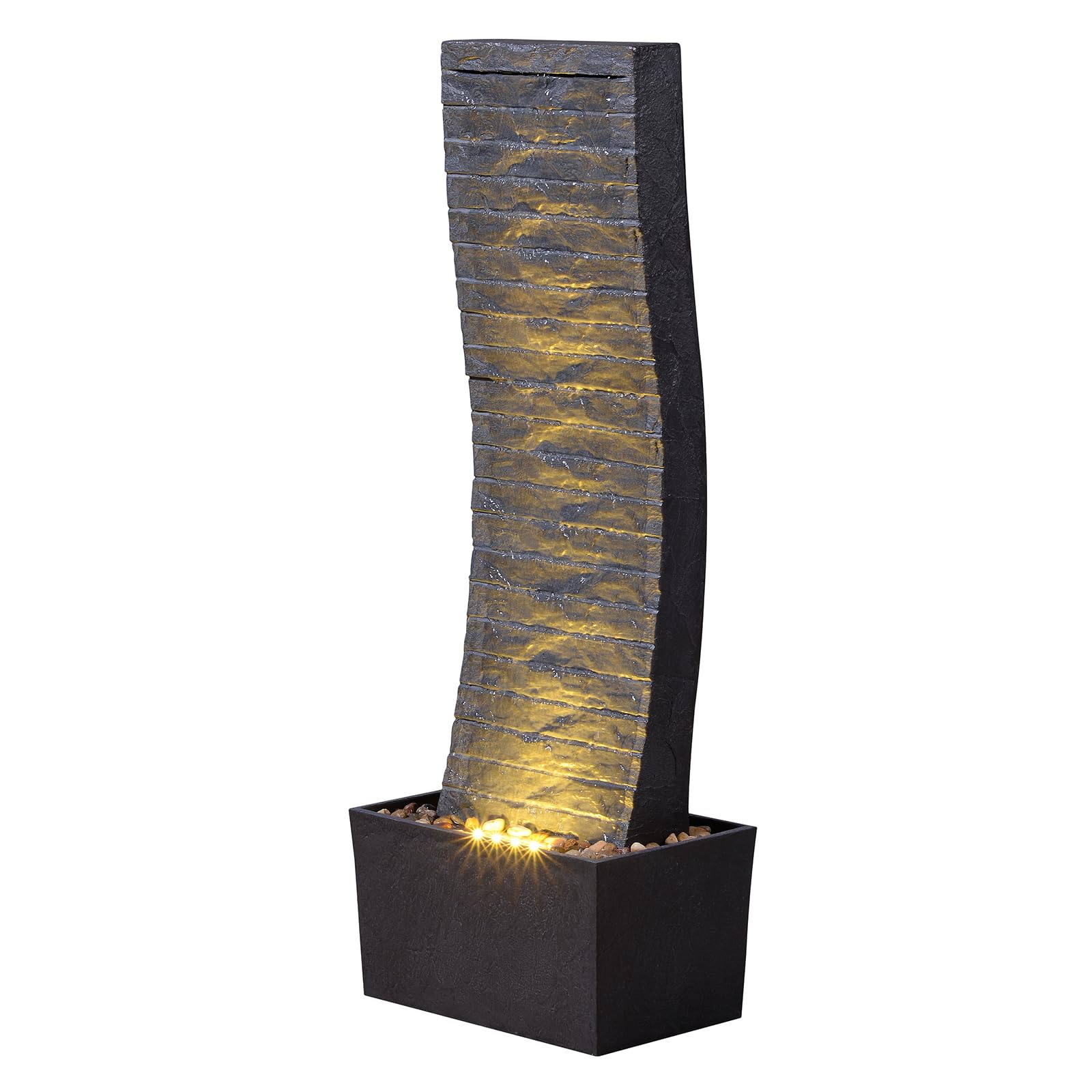 MSEONWXI Modern Outdoor Water Fountain with LED Lights - Large Curved Waterfall Fountain for Patio, Garden, Backyard - 36.2