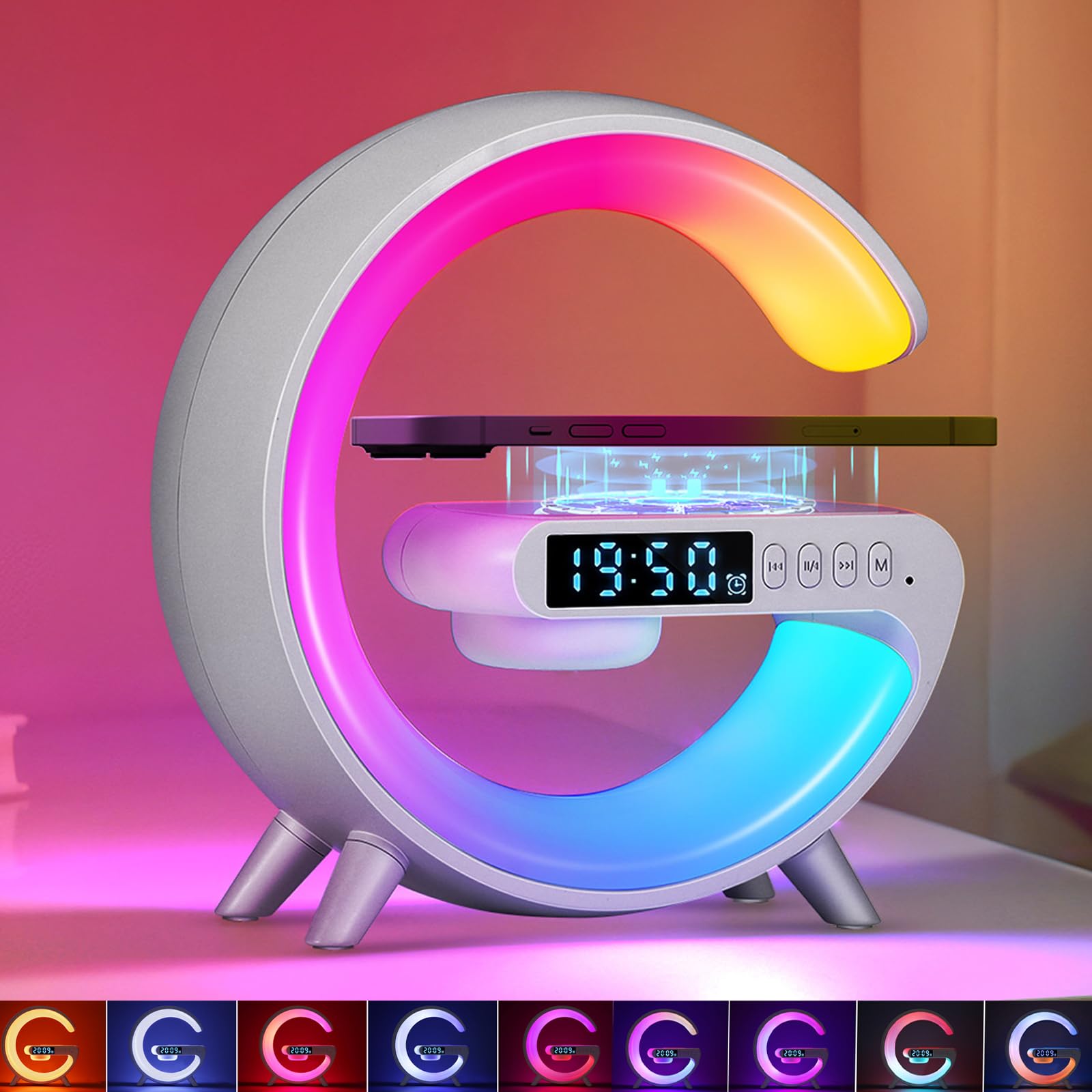 PZJFH Nueva lámpara de mesa, lámpara con función de carga con función de carga, lámpara de noche regulable con luz ambiental, lámpara de mesa inalámbrica con altavoz Bluetooth, despertador, reloj