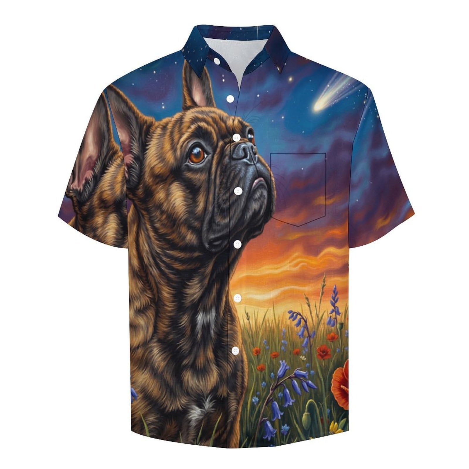 Camicie da Uomo a Maniche Corte con Stampa della Cielo Stellato Bulldog Dipinto Ad Olio Animali, Casual Leggere Bottoni Camicia con Tasca Frontale, per Vacanze Spiaggia Estate