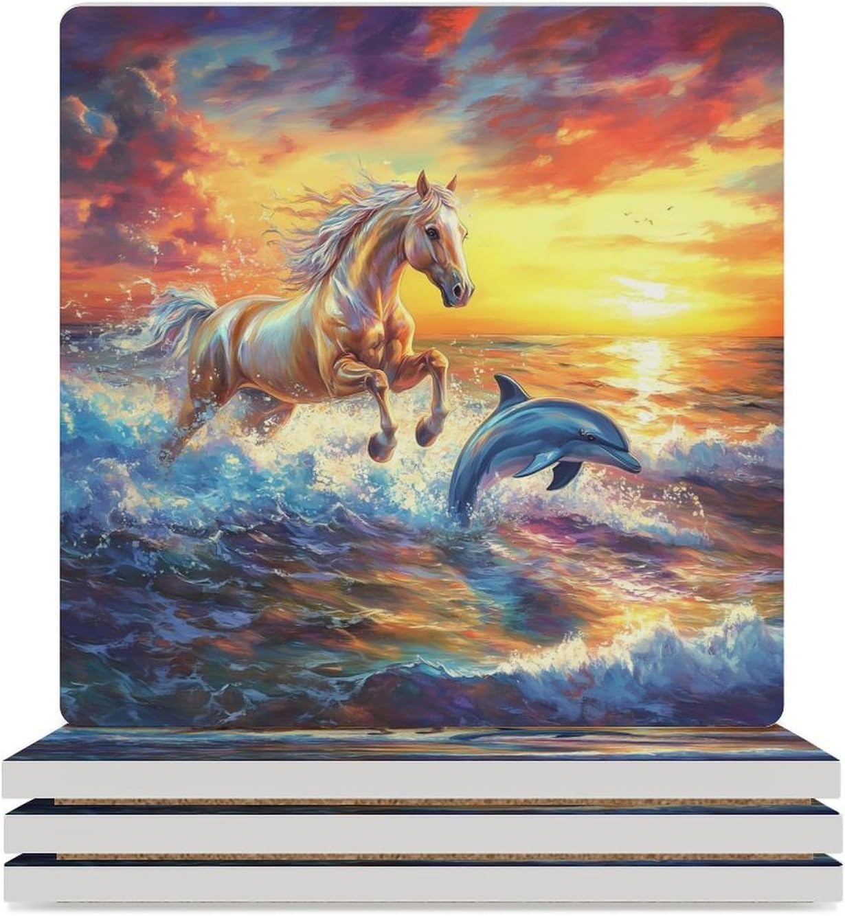 Horse Dolphin Sunset Funny Ceramic Coasters for Drink Absorbent Cup Holders Tabletop Protection