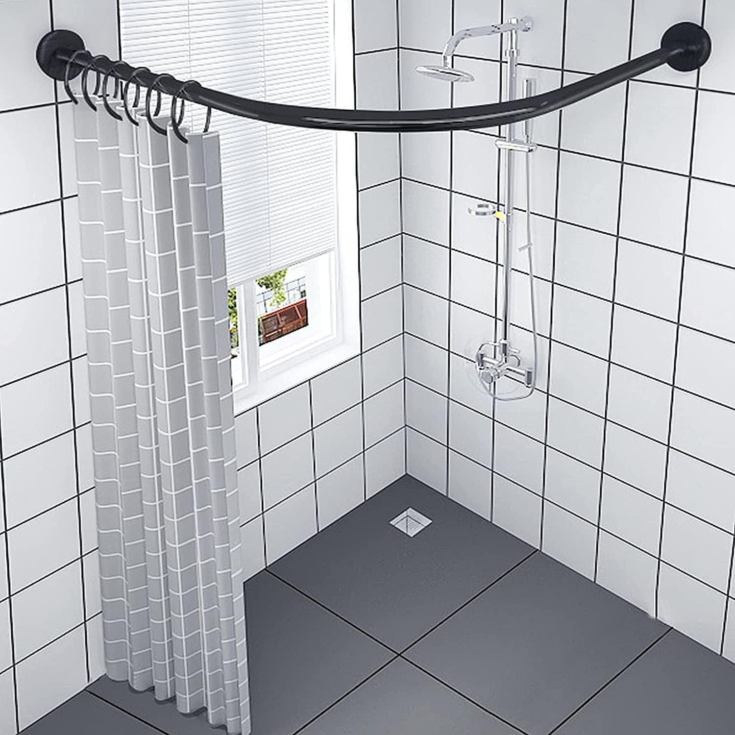 Adjustable Corner Shower Curtain Pole L Shape Curve Extendable Shower Curtain Pole Stainless Steel Telescopic Pole Tension Bar for Bathroom(70-95cmx70-95cm)