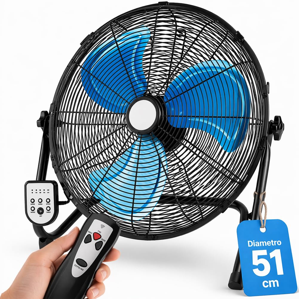 BAKAJI Ventilatore da Terra con Pale da 51 cm e Telecomando per Controllo a Distanza, Meccanismo Silenzioso e Inclinazione Regolabile, Struttura Resistente in Ferro, Ideale per Esterno e Interno