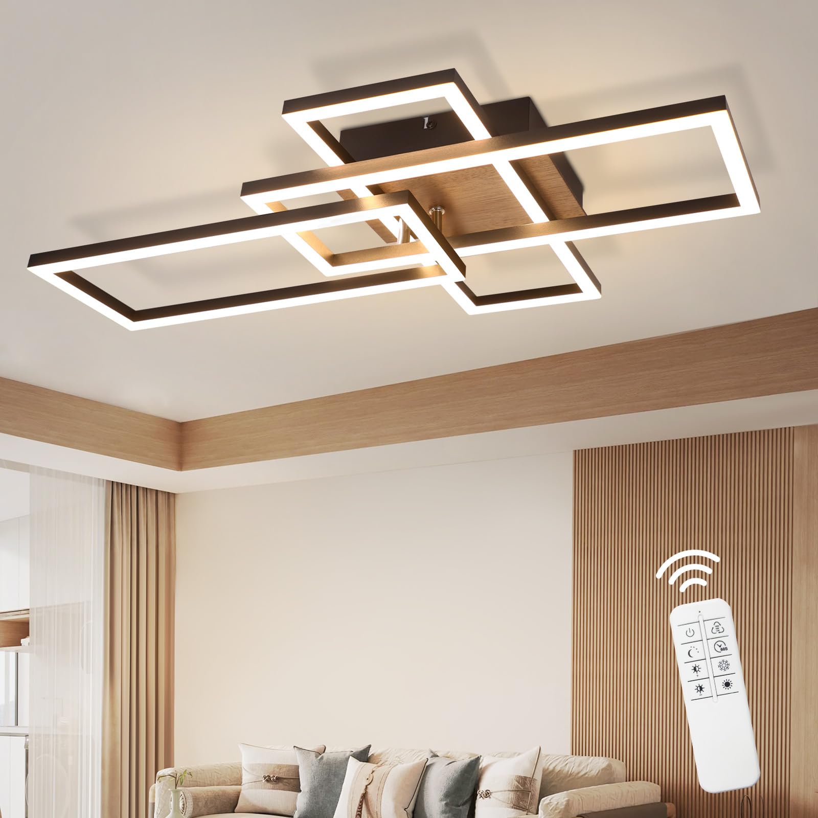CBJKTX LED Deckenleuchte Wohnzimmer Deckenlampe Dimmbar mit Fernbedienung | Wohnzimmerlampe Holz Schwarz Modern Schlafzimmerlampe aus Metall Küchenlampe für Schlafzimmer Esszimmer Arbeitszimmer