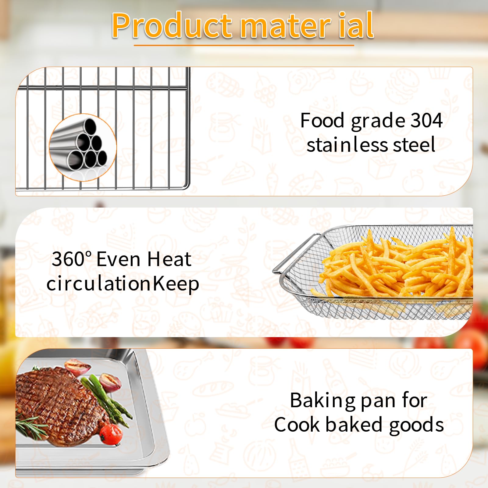 3-teiliges Set, Backform, Frittierkorb, Drahtgestell für Emeril Lagasse 26QT, extra große Luftfritteuse, Konvektionstoaster, Ofen, Lebensmittelqualität, Stahl, Luftfritteuse, Zubehör,