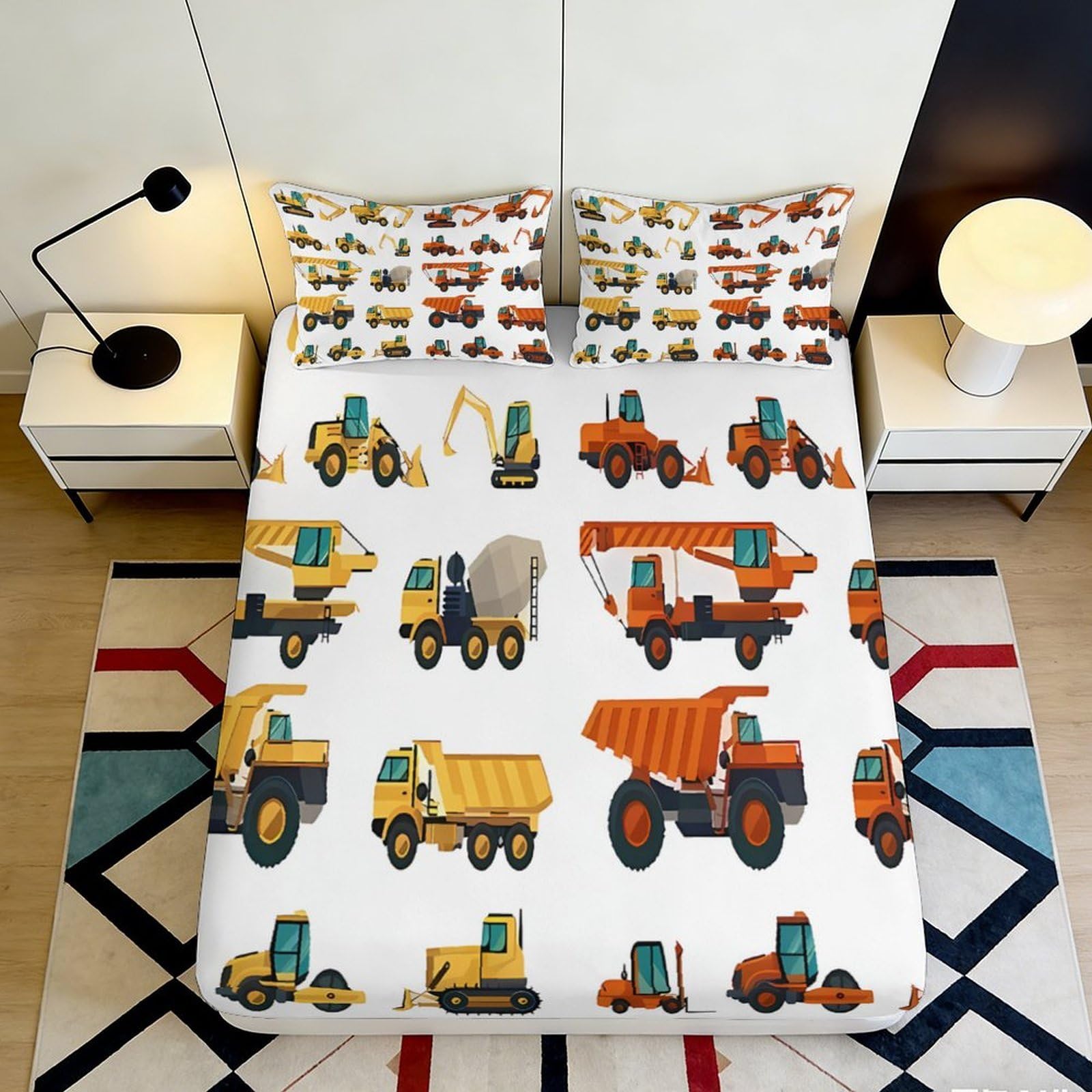 3D Printed Construction Vehicles Fitted Sheet Microfiber Soft Anti-Slip Trucks Mattress Cover for Bedroom Dorm Easy Care Decor 160x200x25cm
