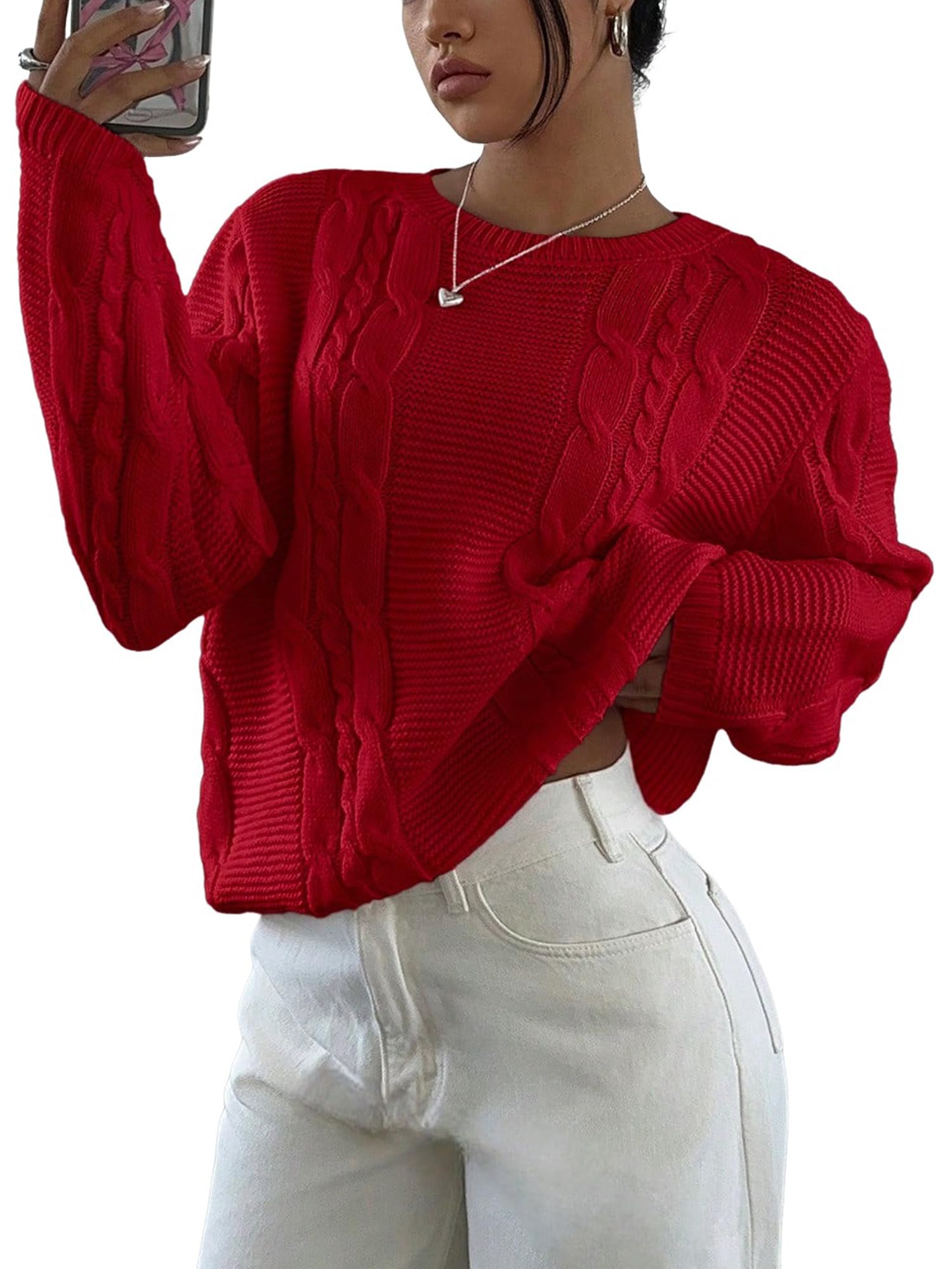 ZAFUL Womens Crewneck Pullover Sweater Cable Knit Casual Long Sleeves Ribbed Knit Sweater Jumper Tops