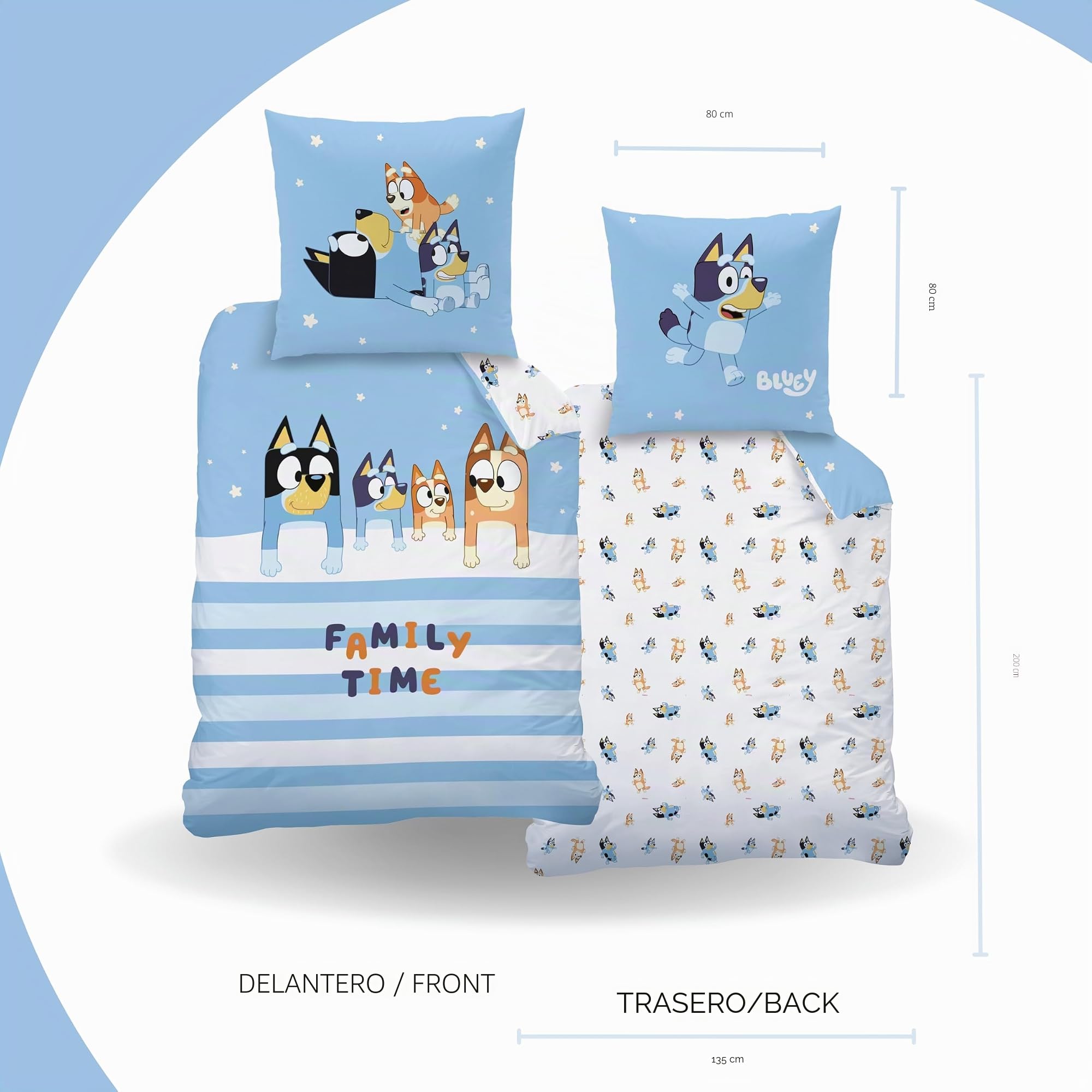 MTOnlinehandel Bluey Ropa de cama de algodón de 135 x 200 cm, para niñas y niños, diseño reversible, 1 funda de almohada de 80 x 80 cm + funda nórdica de 135 x 200, Öko Tex