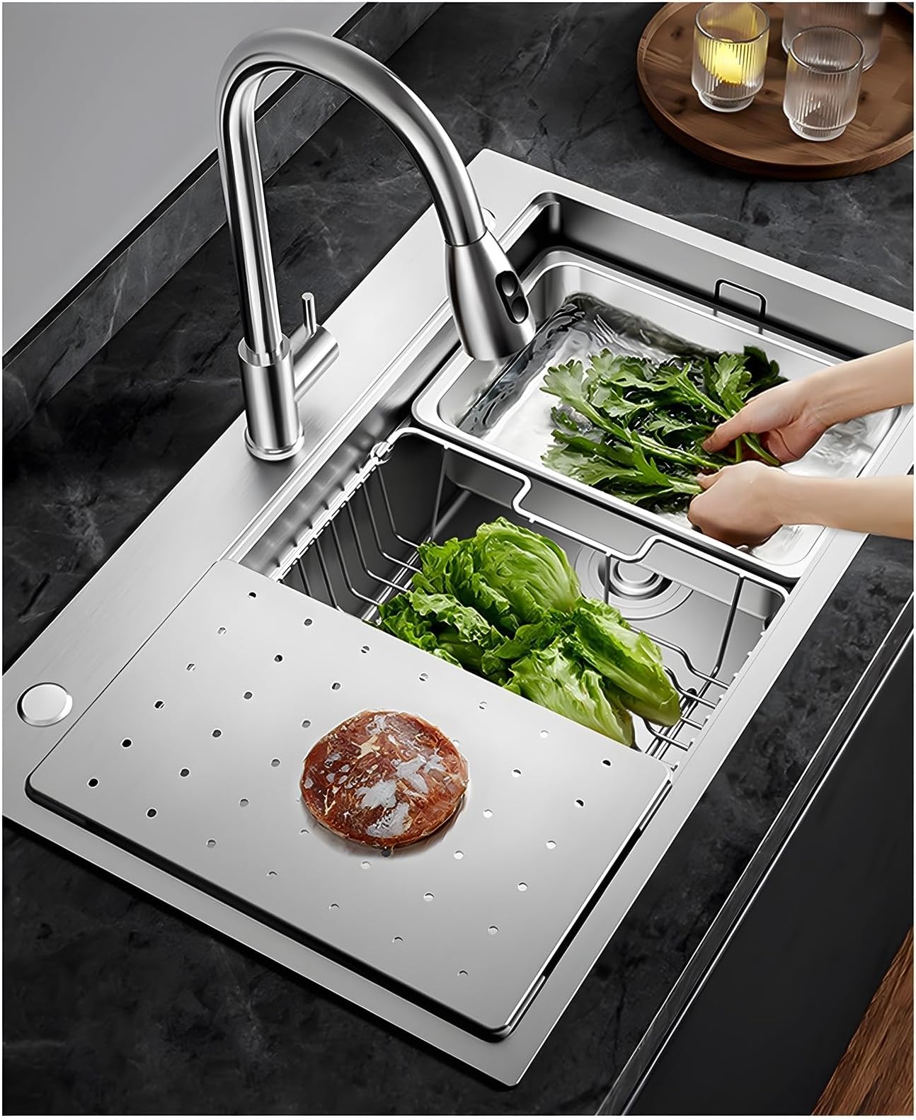 65 x 50 cm 304 Stainless Steel Sink with Siphon, Drip Basket, Chopping Board, Small Basin, Large Modern Kitchen Sink, 1 Basin, Built-in Sink / Installation from Top, Brushed Surface, Silver