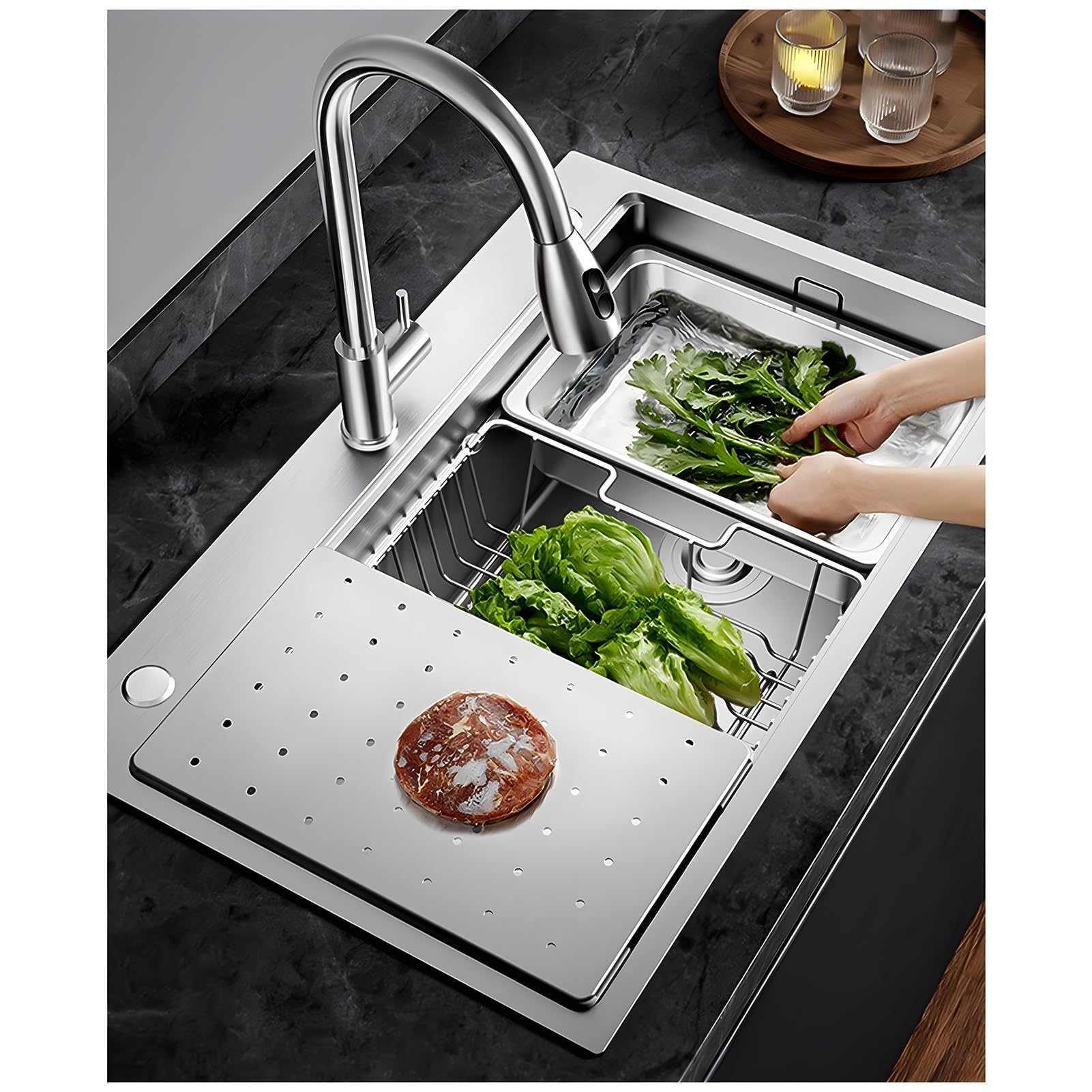 65 x 50 cm 304 Stainless Steel Sink with Siphon, Drip Basket, Chopping Board, Small Basin, Large Modern Kitchen Sink, 1 Basin, Built-in Sink / Installation from Top, Brushed Surface, Silver