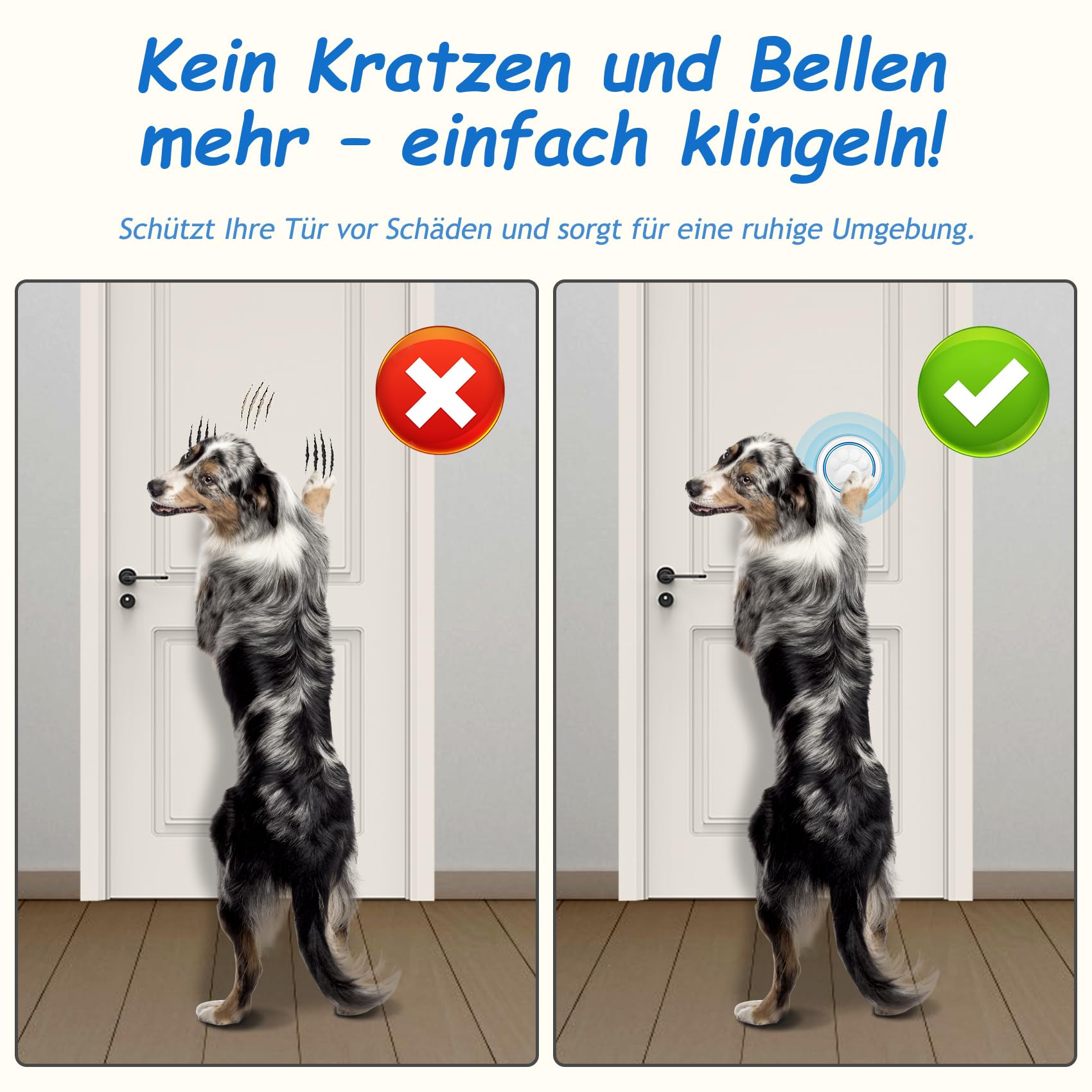 A6 Wht Katzenklingel & Hundeklingel – Kabellose Haustier-Türklingel für Außenbereich, 300 m Reichweite, 60 Melodien, LED-Signal, Wasserdicht, Buzzer Hund & Katzen (1 Klingeltaster + 1 Empfänger)