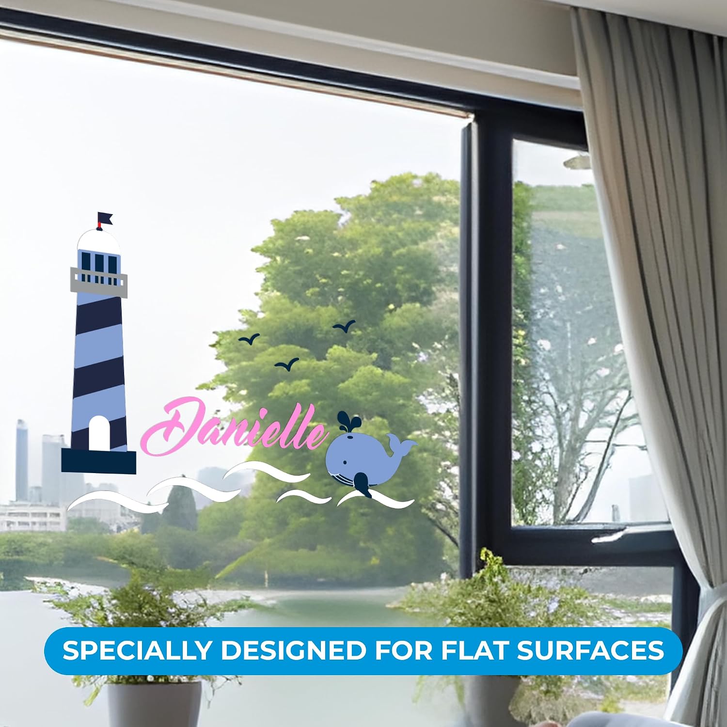 Personalized Name Lighthouse, Waves Birds and Whale I Wall Decal for Bedroom I Wall Decoration for Baby Boys I Wall Stickers for Kids I Multiple Customization Options (Wide 38"x27" Height)