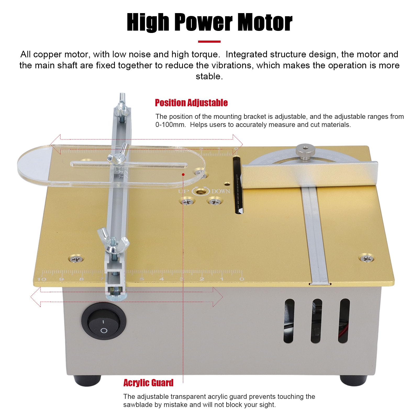 Mini Sierra de Mesa Eléctrica, 96W, Portátil, Multifuncional, Metal, 18x17x7.5cm, Control de 7 Velocidades, para Manualidades y Modelismo