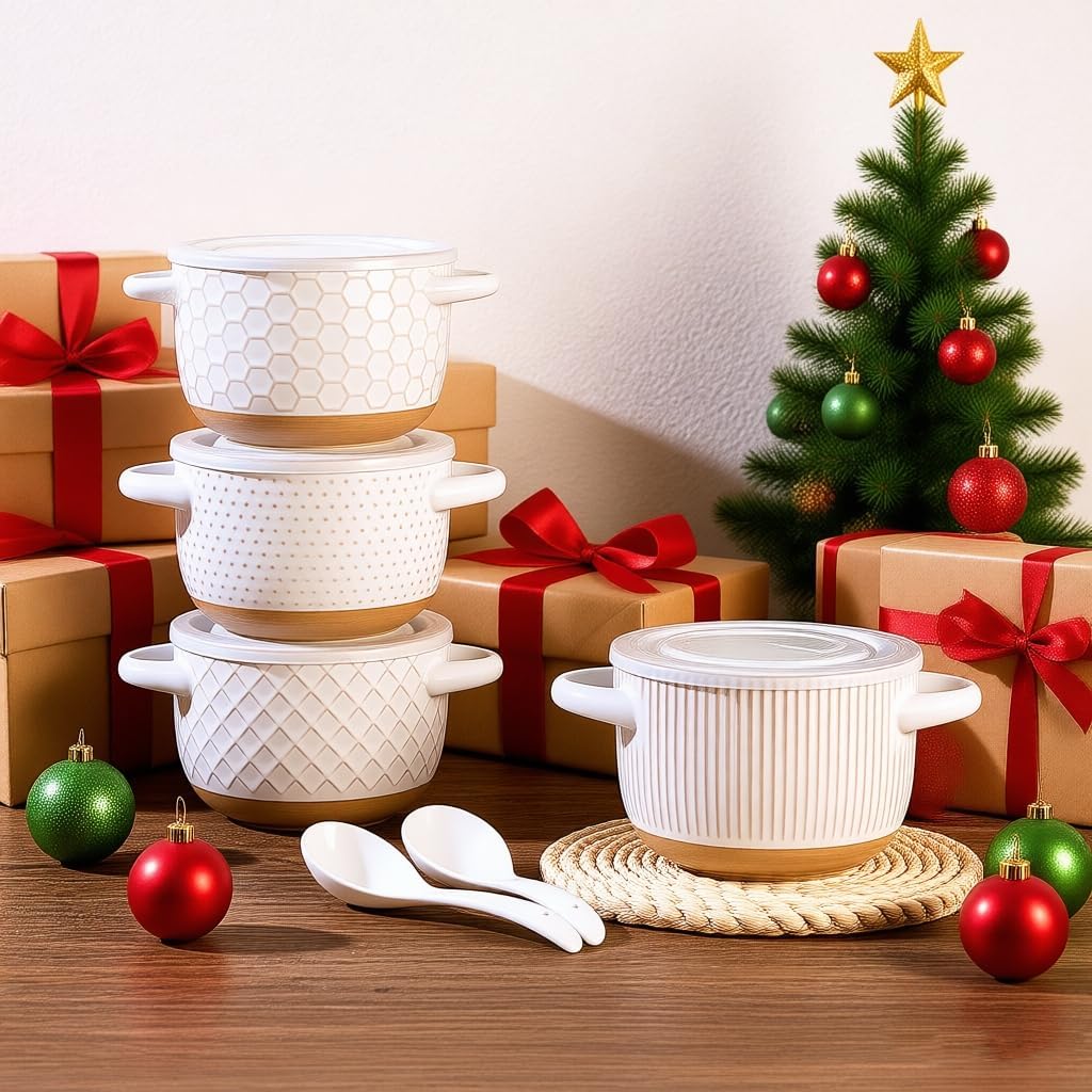 GBHOME 22 Ounces Soup Bowls with Large Handles and Lids, Stoneware Bowls Set of 4 with Spoon for Soup, Cereal, Stew, Colourful Ceramic Kitchen Bowls, Microwave&Dishwasher Safe, Off White