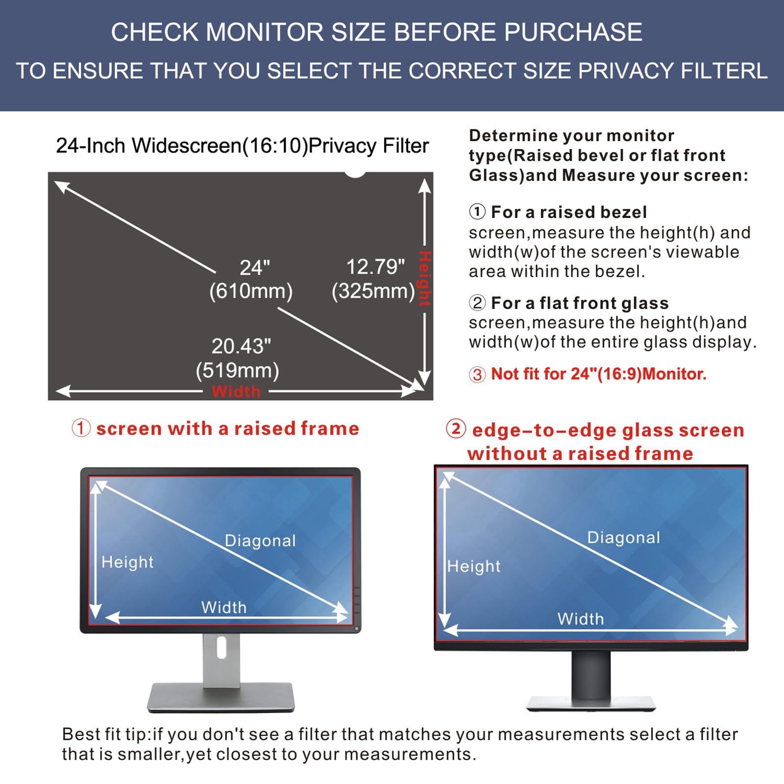 Filtro privacy per 24 pollici, 16:10, rapporto di aspetto, monitor del computer, protezione per la privacy, filtro anti-spy, filtro per la luce blu e protezione antiriflesso, facile da