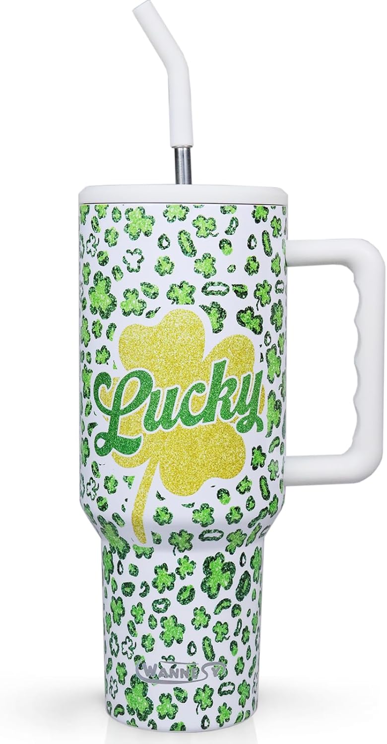St Patrick's Day Tumbler 40oz with Handle and Straw, Green Leopard Shamrocks Lucky Cup Stainless Steel Travel Mug Water Bottle Irish Gift for Women Men lucky leopard
