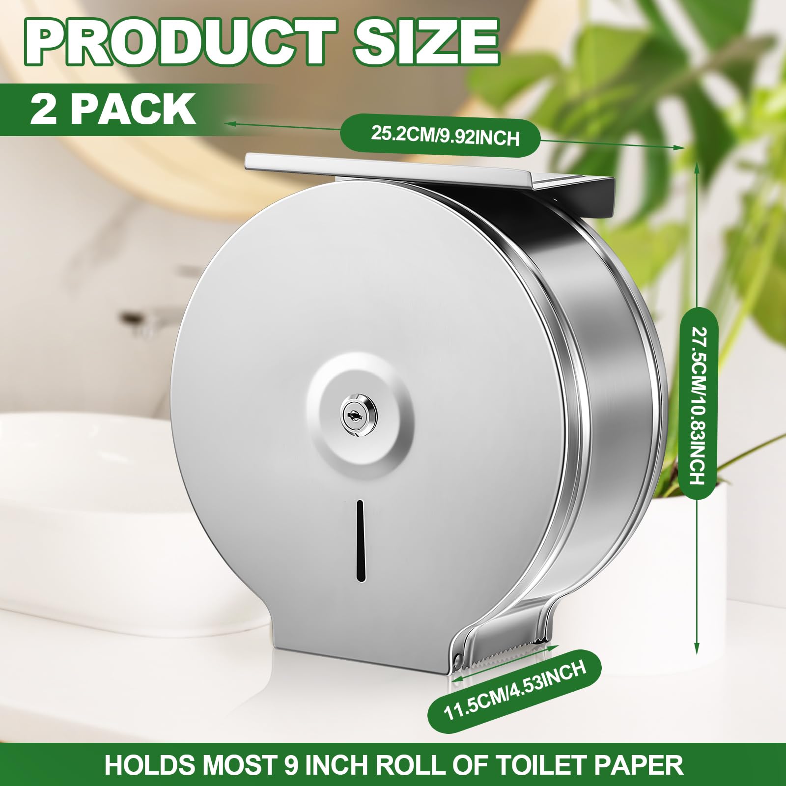 Mifoci 2 dispensadores de papel higiénico con estante de montaje en pared, soporte de papel higiénico comercial de acero inoxidable de 9 pulgadas, dispensador de pañuelos con cerradura y llave para