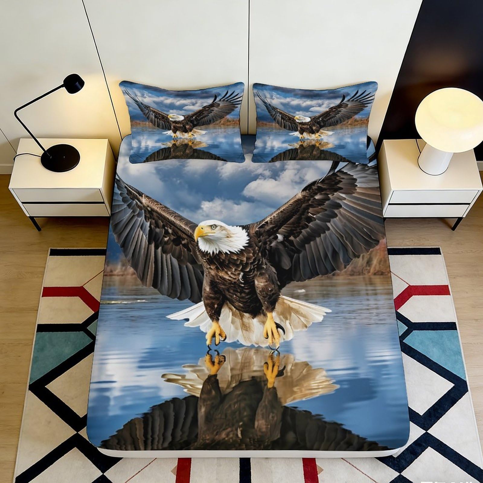 Pnayamiorkfel Style-2 3D Printed Bald Eagle Fitted Sheet Microfiber Soft Nature Lake View Bed Cover For Bedroom Guestroom Decor 90X200x25cm