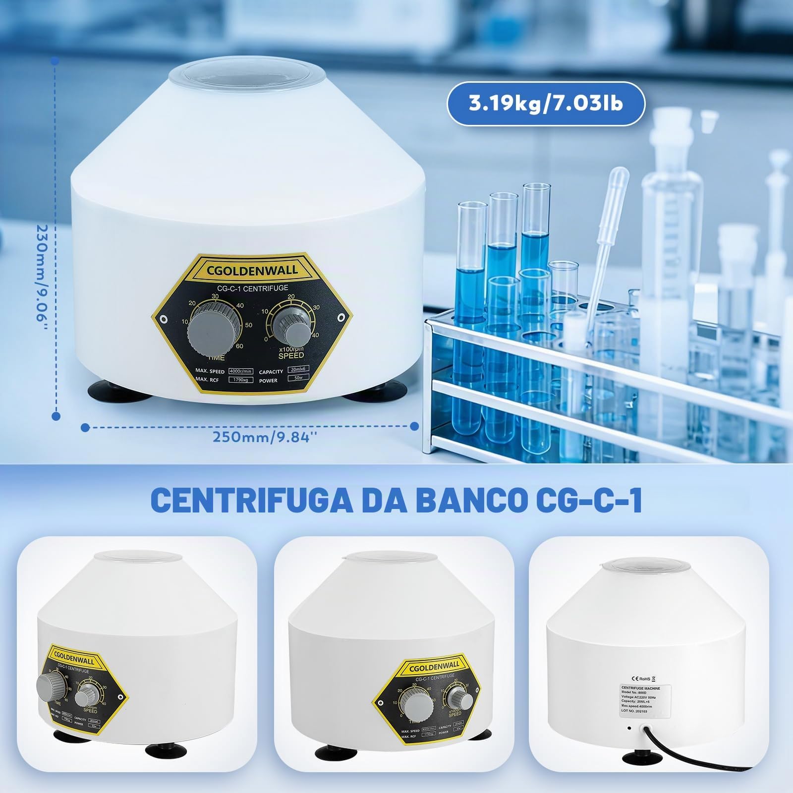 CGOLDENWALL Centrifuga da Laboratorio Elettrica al Plasma da 20ml*6 Capacità Provetta da Centrifuga Forza Centrifuga Relativa Massima 1790xg Velocità Massima 4000rpm Timer 0-60 Min