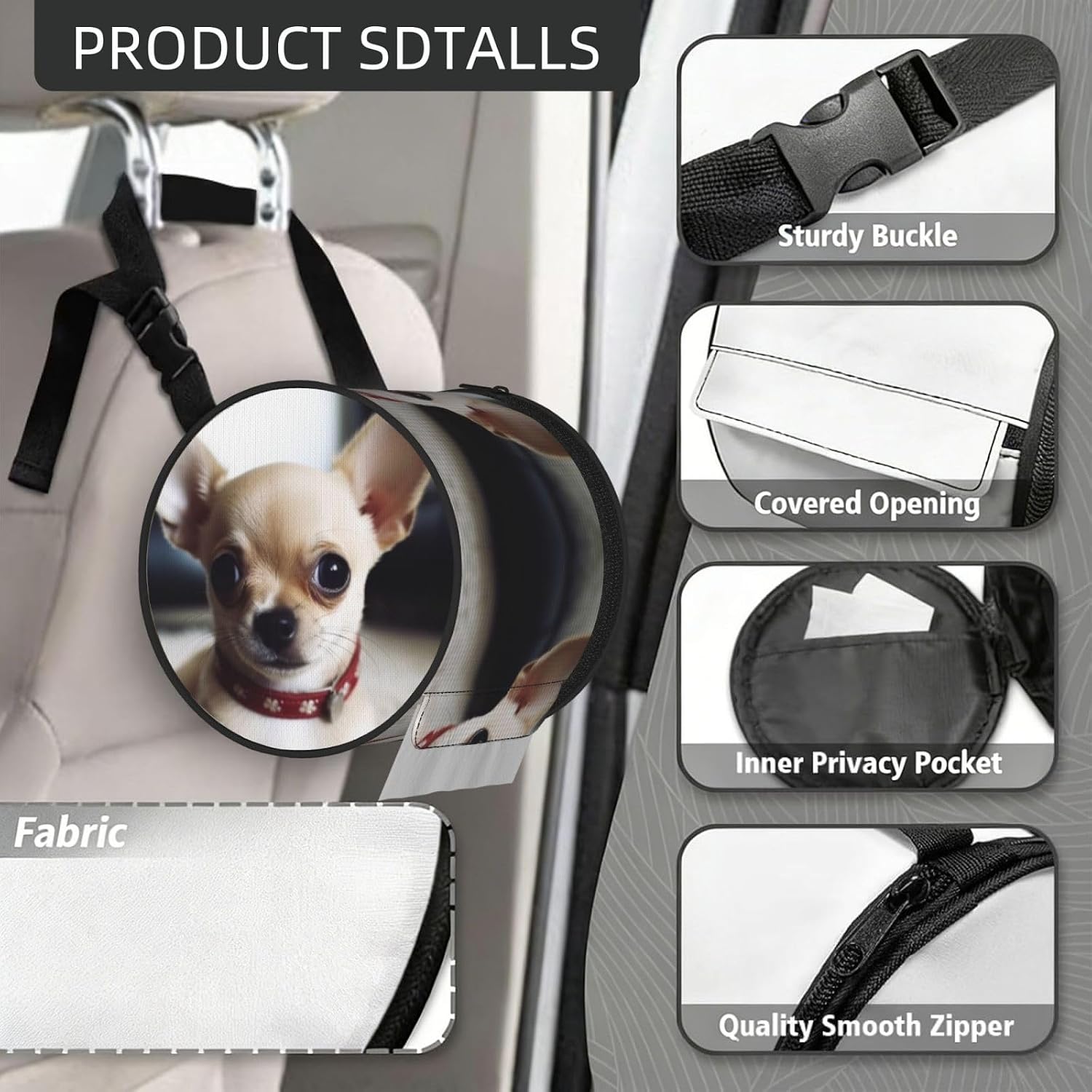 Cute Chihuahua Hanging Toilet Paper Holder Waterproof Tissue Holder Cat Proof Roll Paper Case Cover Portable Foldable Roll Storage Bag with Adjustable Strap for Travel Car Camping Outdoor image 4