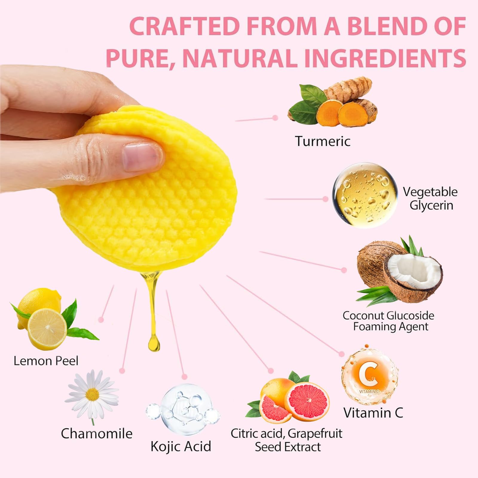 Tampons Nettoyants Exfoliants au Curcuma & Acide Kojique 40 Pièces Éponge Comprimée Douce Éclaircissant Unifiant le Teint