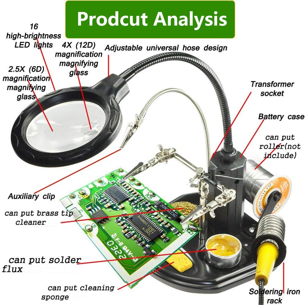 Helping Hands Soldering Magnifier Station, FEITA LED Lighted 2.5X/4X Magnifying Glass Heavy Base with Stand Clamps Clips - Image 2