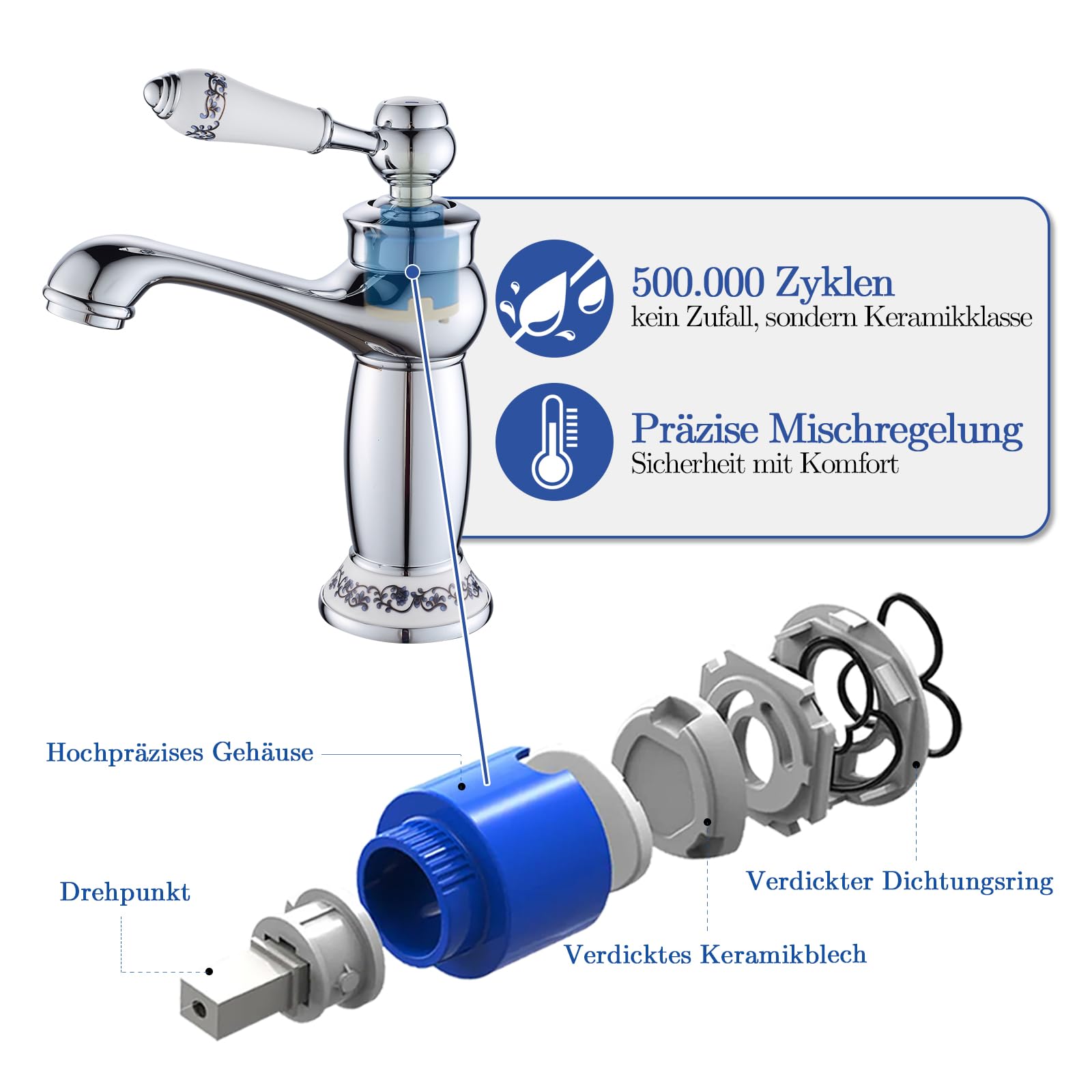 Wasserhahn Bad Antik mit Keramikgriff, Messing Einhebel-Waschbeckenarmatur, Elegant Geschwungene Waschtisch Armatur, Chrom