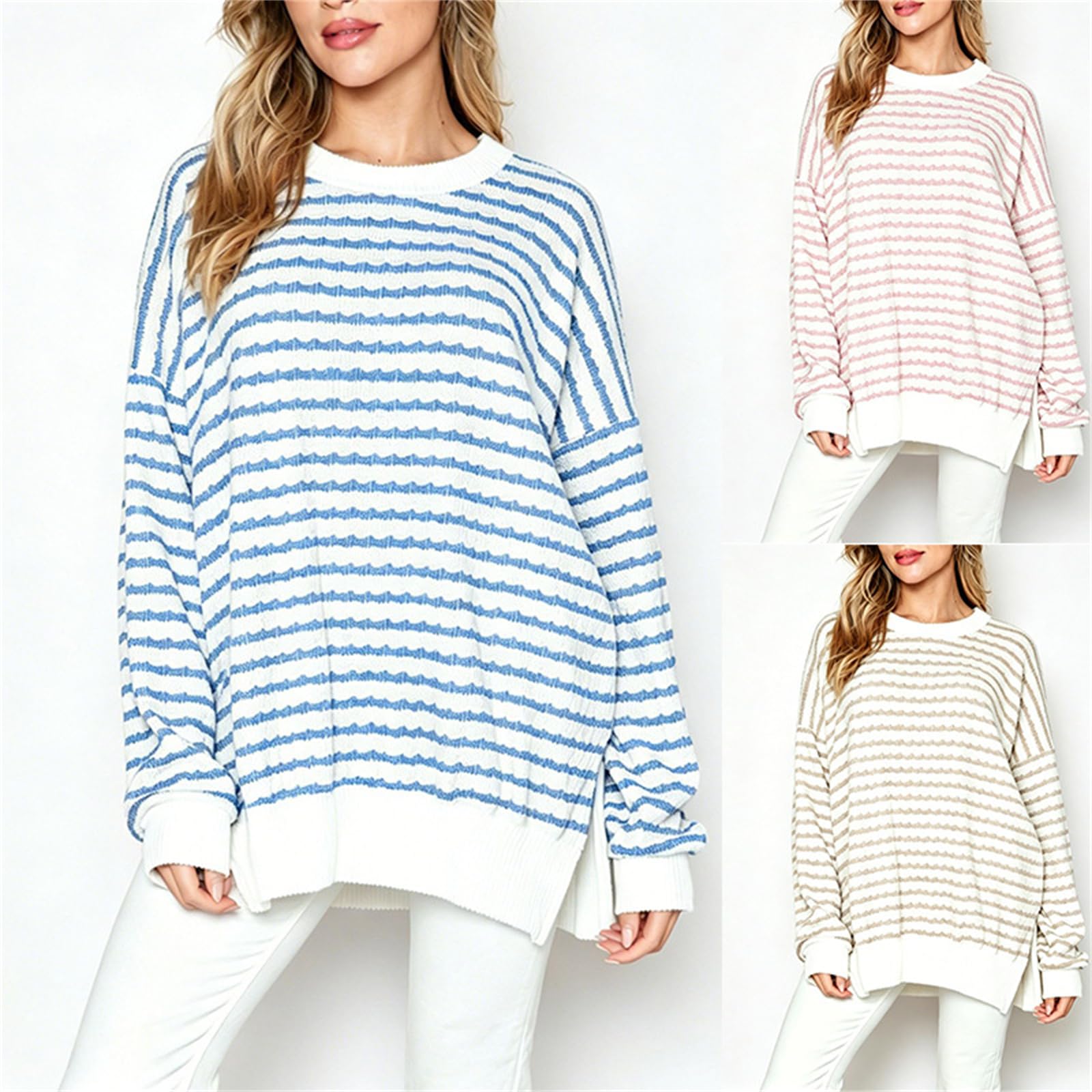 Damski sweter oversize w paski, okrągły dekolt, z rozcięciami po bokach, długi rękaw (różowy, L)