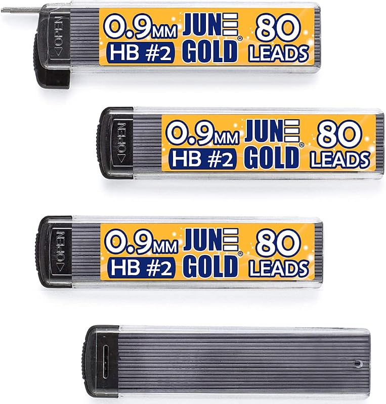 June Gold 0.9 mm, 320 Lead Refills, HB #2, 4 Dispensers/w 80 Pieces Each | Bold Thickness, Break Resistant Graphite, Elegant Dispensing Mechanism, 1.0 mm Compatible