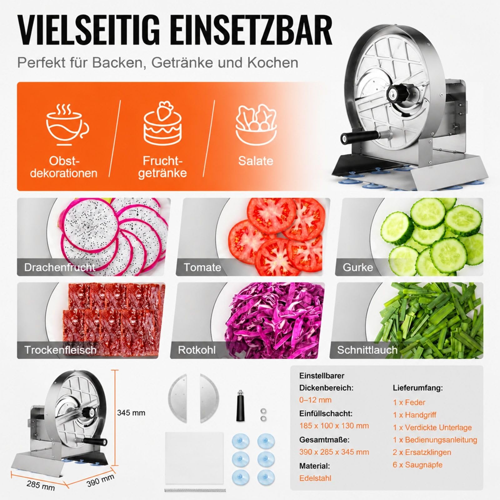 Manueller Gemüse- und Obstschneider aus Edelstahl mit 2 Ersatzklingen für Kartoffeln Gurken Zitronen Tomaten