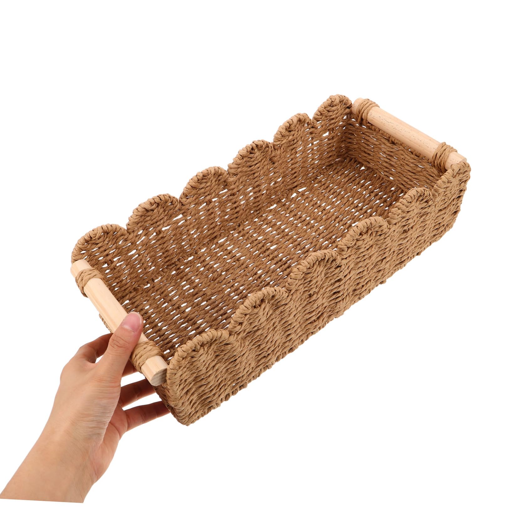 Cesta de Almacenamiento Tejida a Mano Marrón 2 Piezas Cesta de Almacenaje de Papel Higiénico con Asa de Madera Papel Borde Festoneado para Baño Inodoro